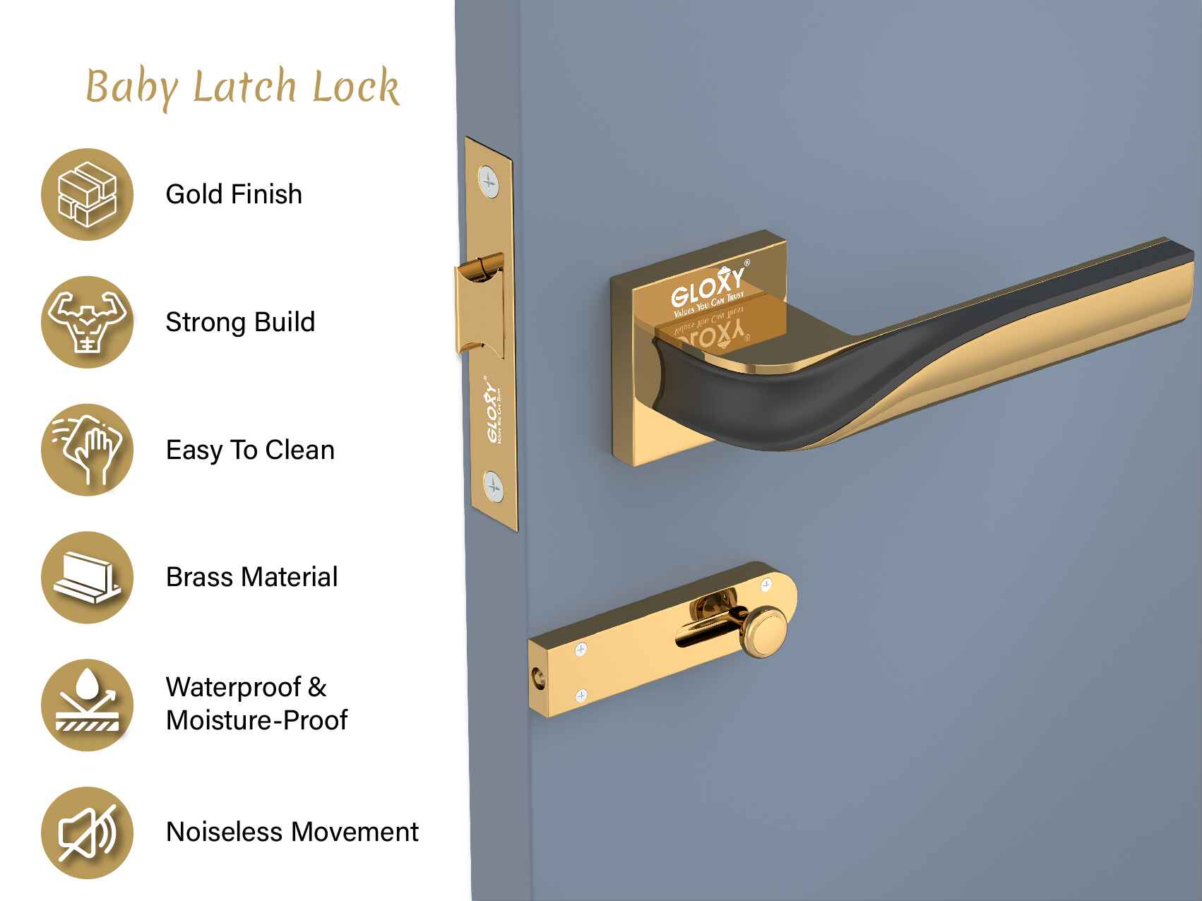 GLOXY Brass Door Lock for Balcony Store Room Door Lock, Mortise Keyless Handle Set with Brass Baby Latch for Home,Office,Hotel | Gold & Black Finish (2 Years Warranty, Pack of 1)