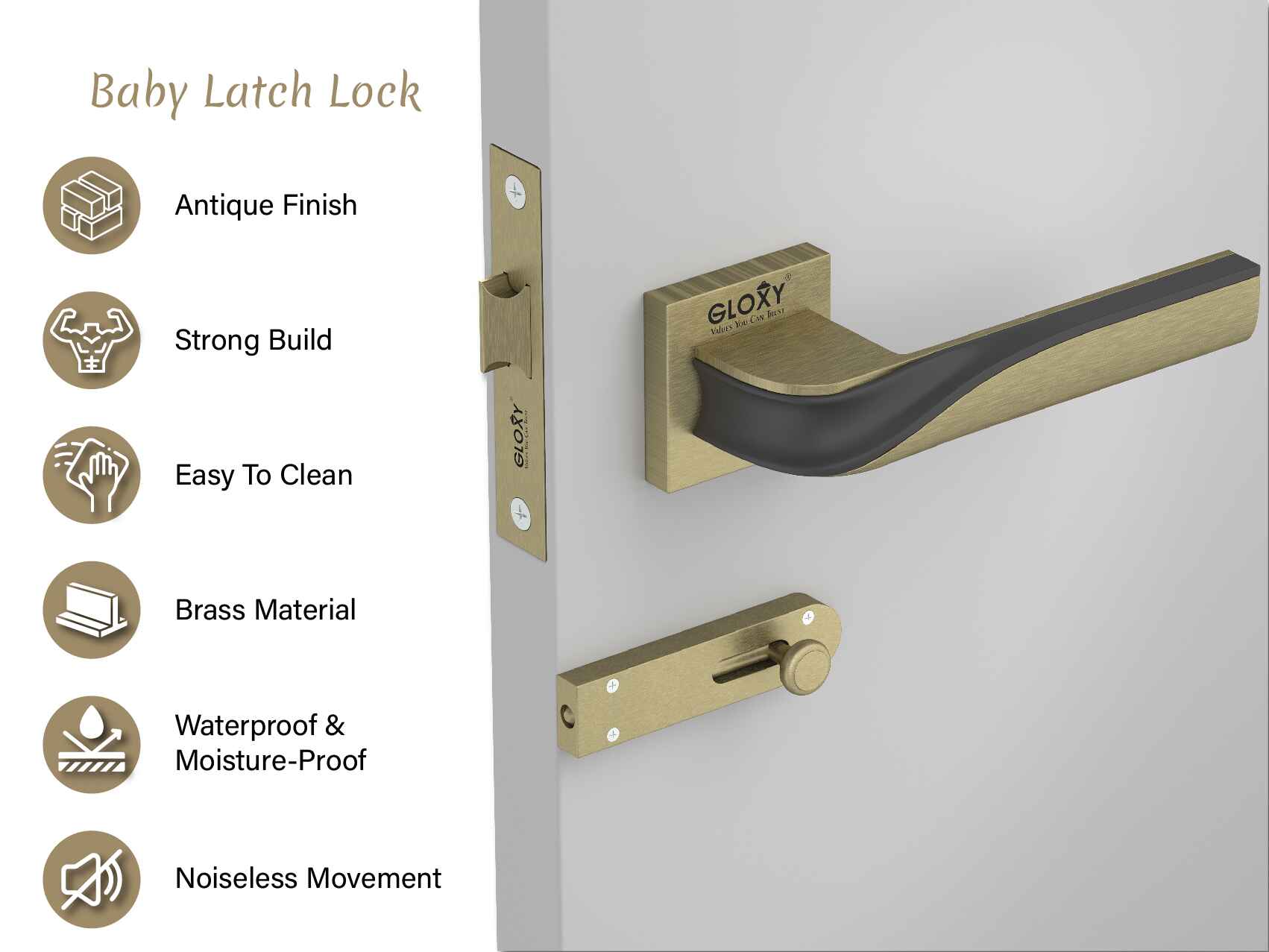 GLOXY Brass Door Lock for Balcony Store Room Door Lock, Mortise Keyless Handle Set with Brass Baby Latch for Home,Office,Hotel | Antique & Black Finish (2 Years Warranty, Pack of 1)