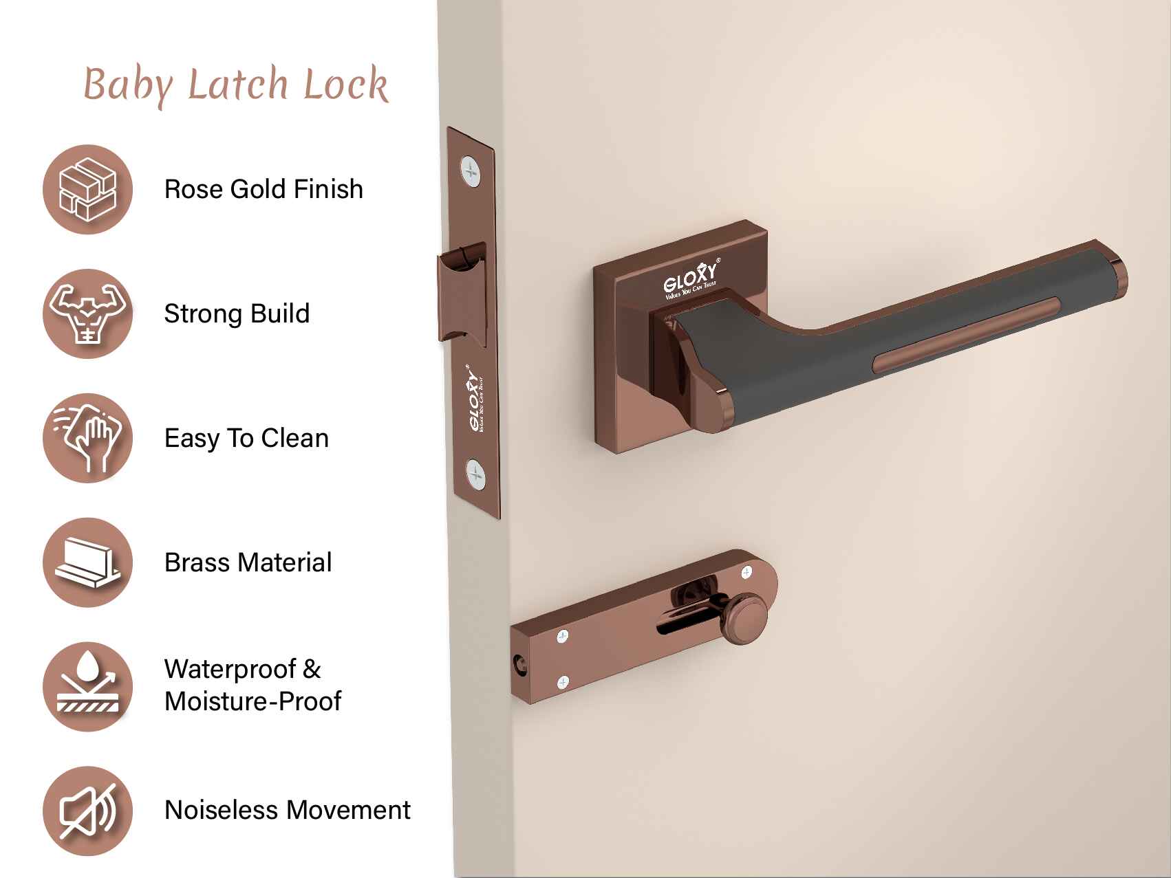 GLOXY Brass Door Lock for Balcony Store Room Door Lock, Mortise Keyless Handle Set with Brass Baby Latch for Home,Office,Hotel | Rose Gold & Black Finish (2 Years Warranty, Pack of 1)