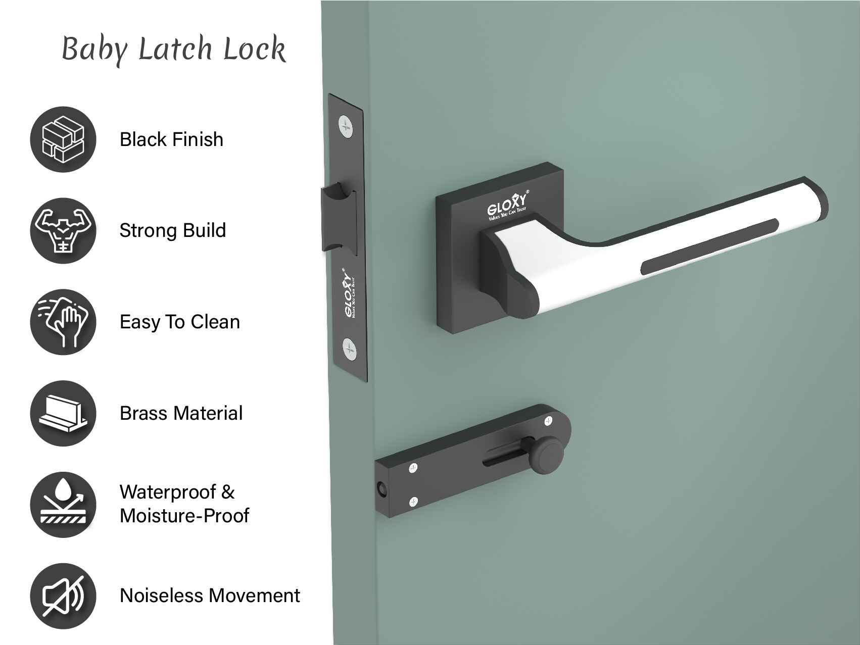 GLOXY Brass Door Lock for Balcony Store Room Door Lock, Mortise Keyless Handle Set with Brass Baby Latch for Home,Office,Hotel | Black & White Finish (2 Years Warranty, Pack of 1)