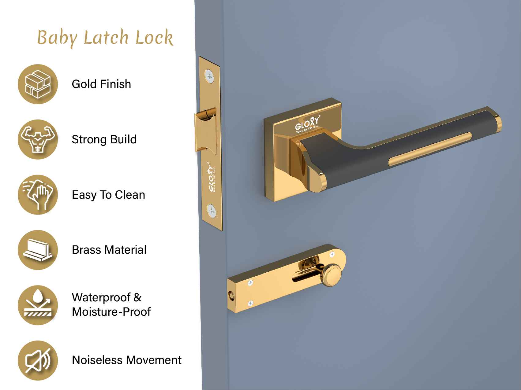 GLOXY Brass Door Lock for Balcony Store Room Door Lock, Mortise Keyless Handle Set with Brass Baby Latch for Home,Office,Hotel | Gold & Black Finish (2 Years Warranty, Pack of 1)