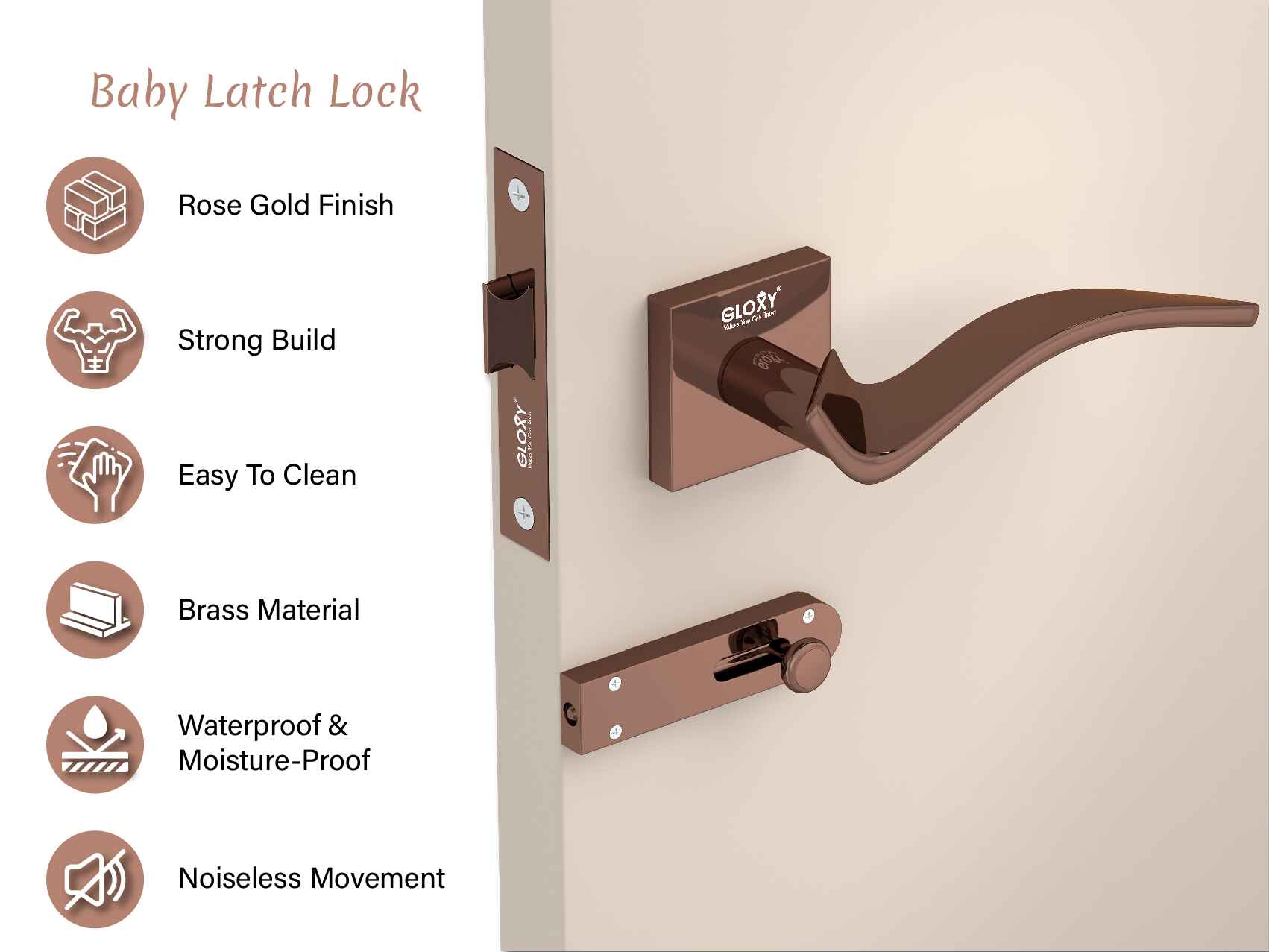 GLOXY Brass Door Lock for Balcony Store Room Door Lock, Mortise Keyless Handle Set with Brass Baby Latch for Home,Office,Hotel | Rose Gold Finish (2 Years Warranty, Pack of 1)