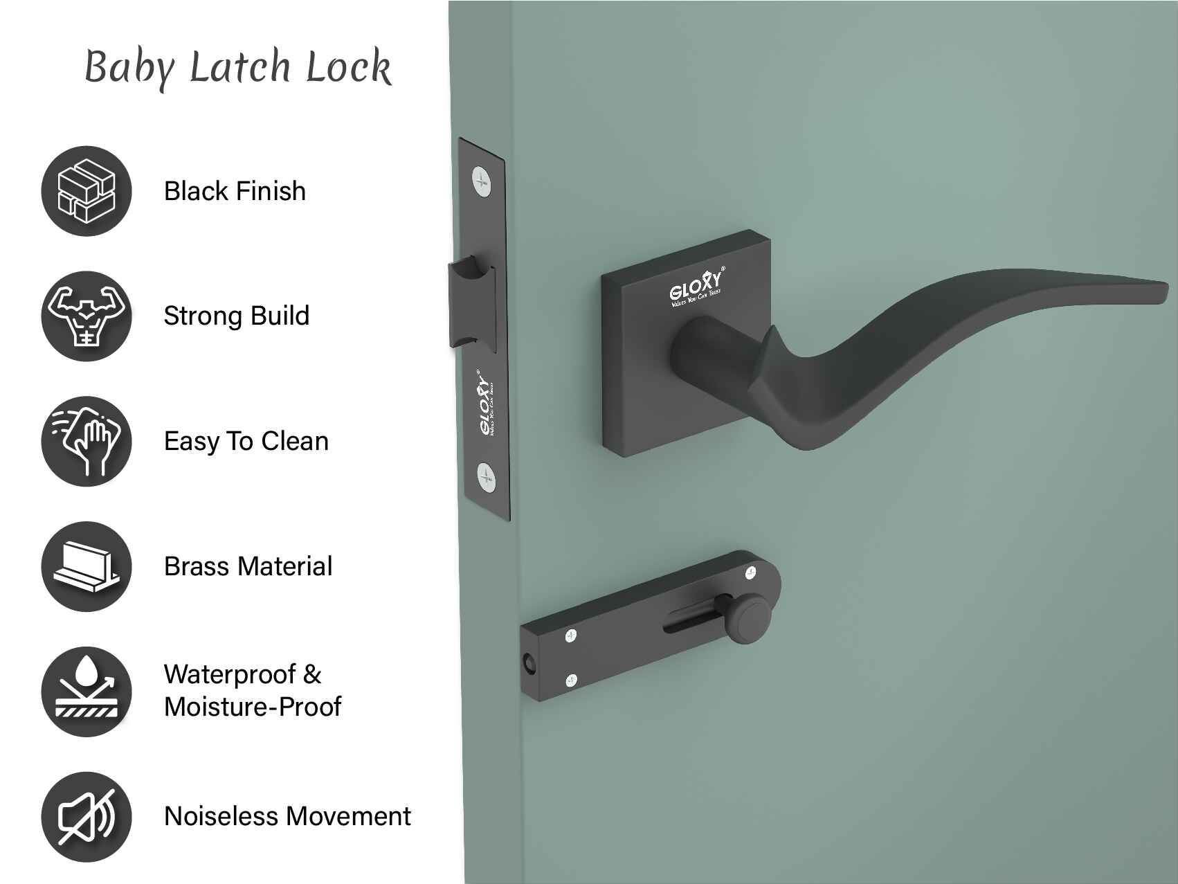 GLOXY Brass Door Lock for Balcony Store Room Door Lock, Mortise Keyless Handle Set with Brass Baby Latch for Home,Office,Hotel | Black Finish (2 Years Warranty, Pack of 1)