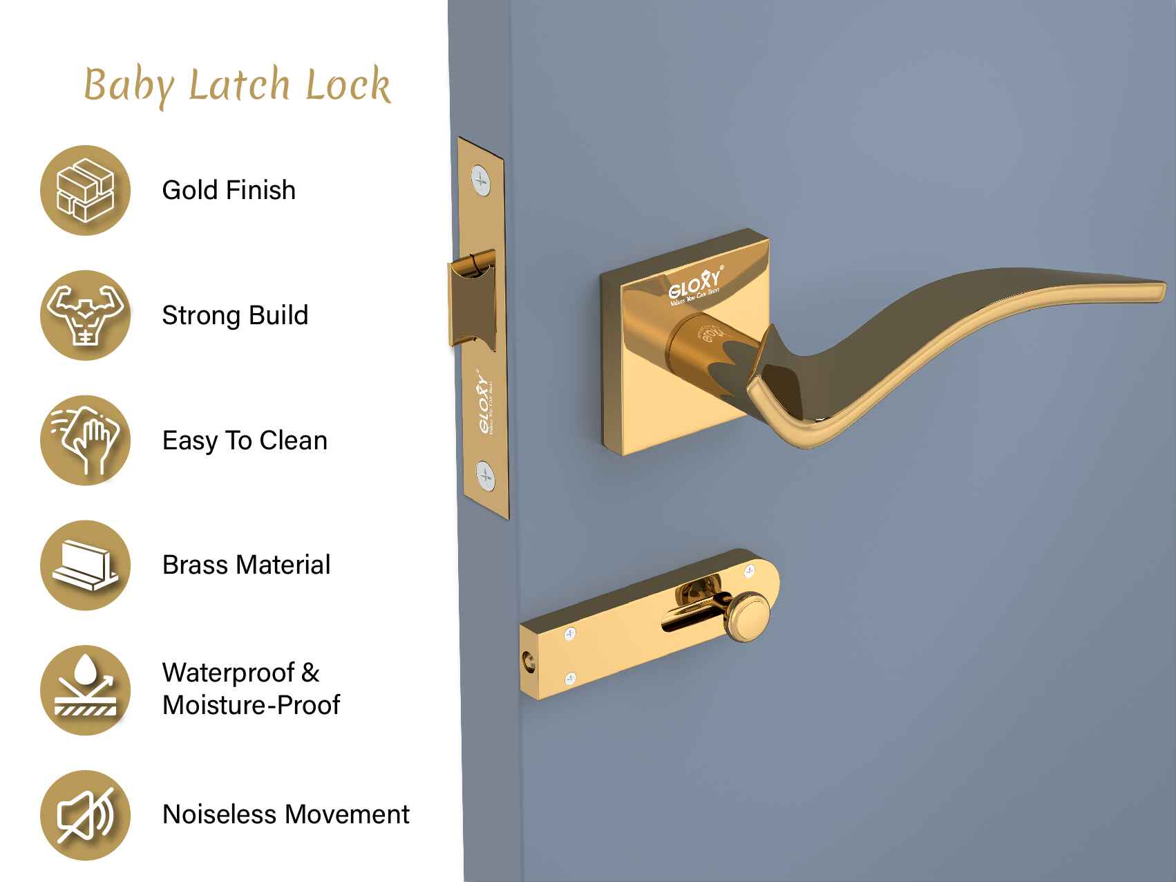 GLOXY Brass Door Lock for Balcony Store Room Door Lock, Mortise Keyless Handle Set with Brass Baby Latch for Home,Office,Hotel | Gold Finish (2 Years Warranty, Pack of 1)