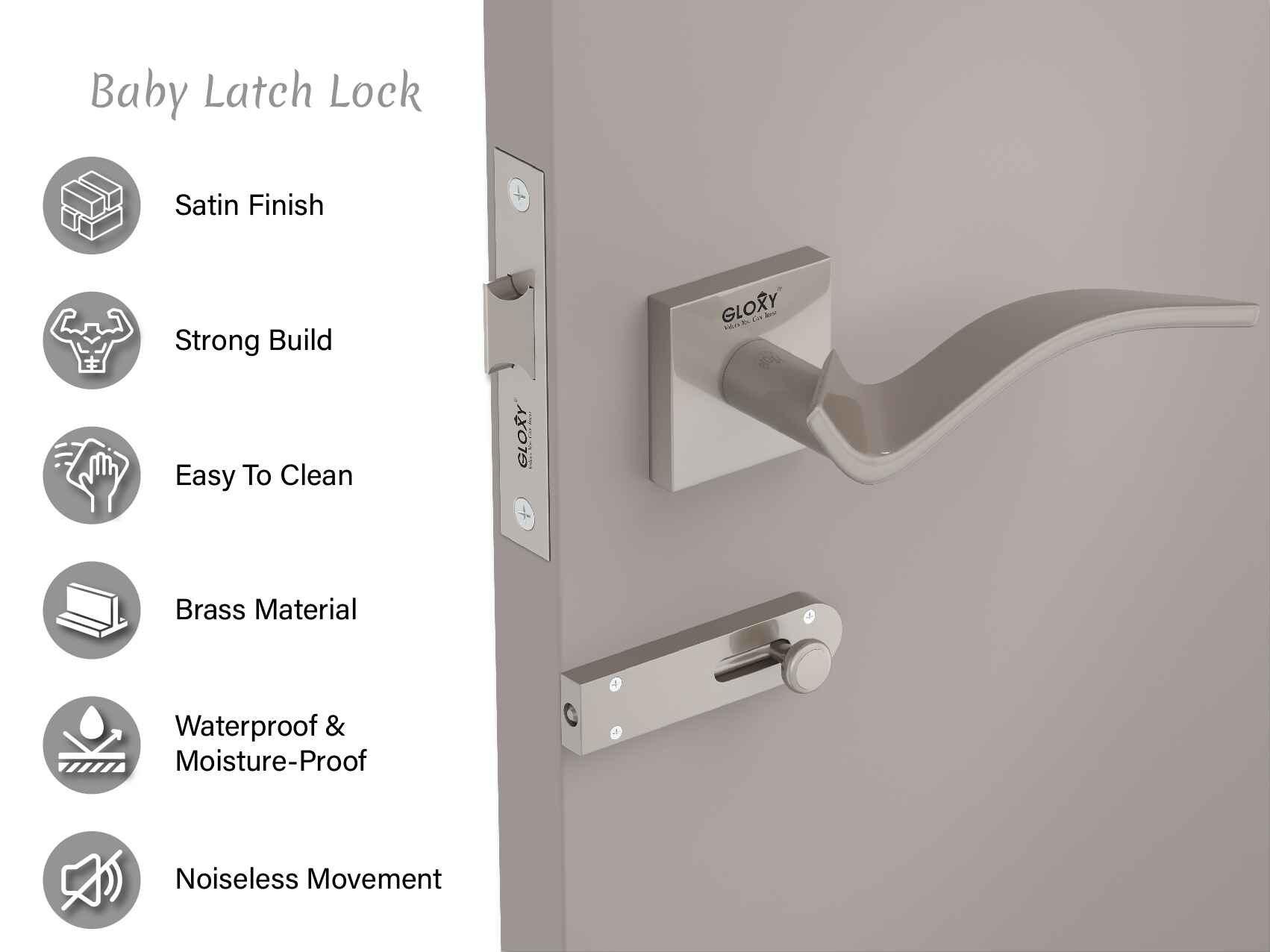 GLOXY Brass Door Lock for Balcony Store Room Door Lock, Mortise Keyless Handle Set with Brass Baby Latch for Home,Office,Hotel | Satin Chrome Finish (2 Years Warranty, Pack of 1)