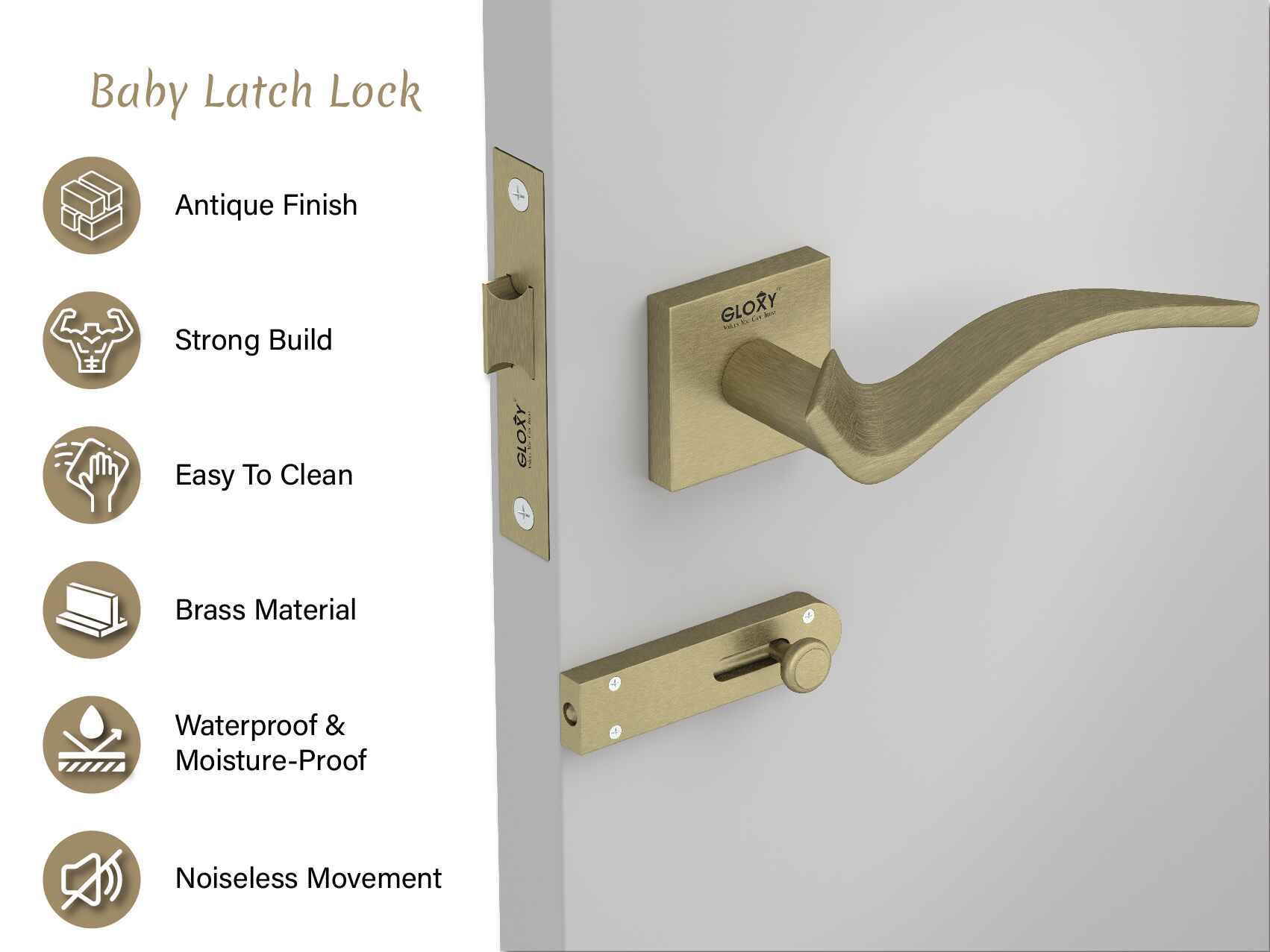 GLOXY Brass Door Lock for Balcony Store Room Door Lock, Mortise Keyless Handle Set with Brass Baby Latch for Home,Office,Hotel | Antique Finish (2 Years Warranty, Pack of 1)