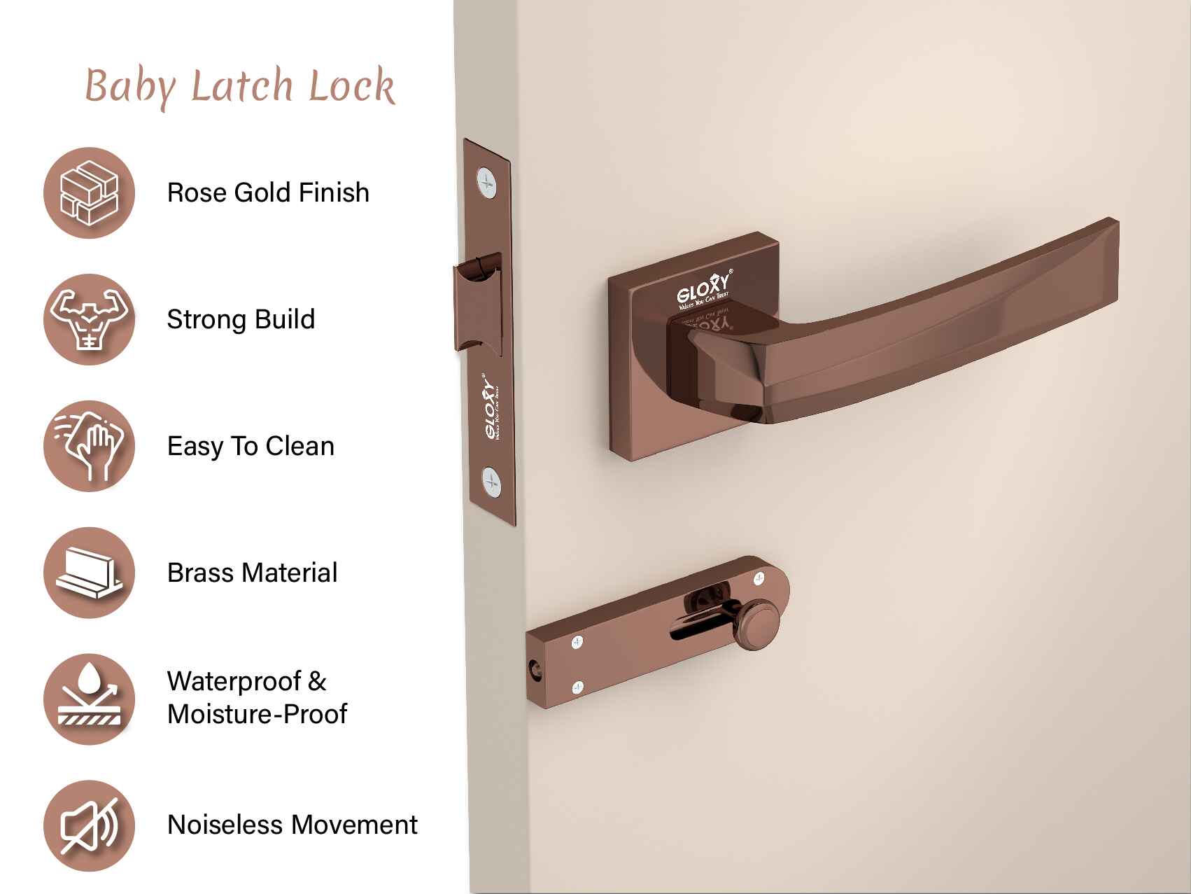 GLOXY Brass Door Lock for Balcony Store Room Door Lock, Mortise Keyless Handle Set with Brass Baby Latch for Home,Office,Hotel | Rose Gold Finish (2 Years Warranty, Pack of 1)