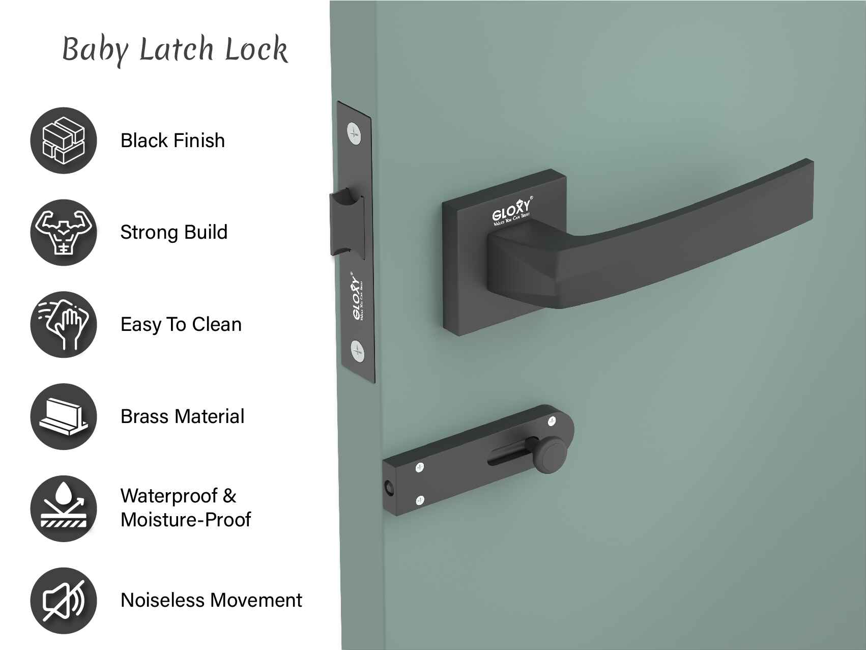 GLOXY Brass Door Lock for Balcony Store Room Door Lock, Mortise Keyless Handle Set with Brass Baby Latch for Home,Office,Hotel | Black Finish (2 Years Warranty, Pack of 1)