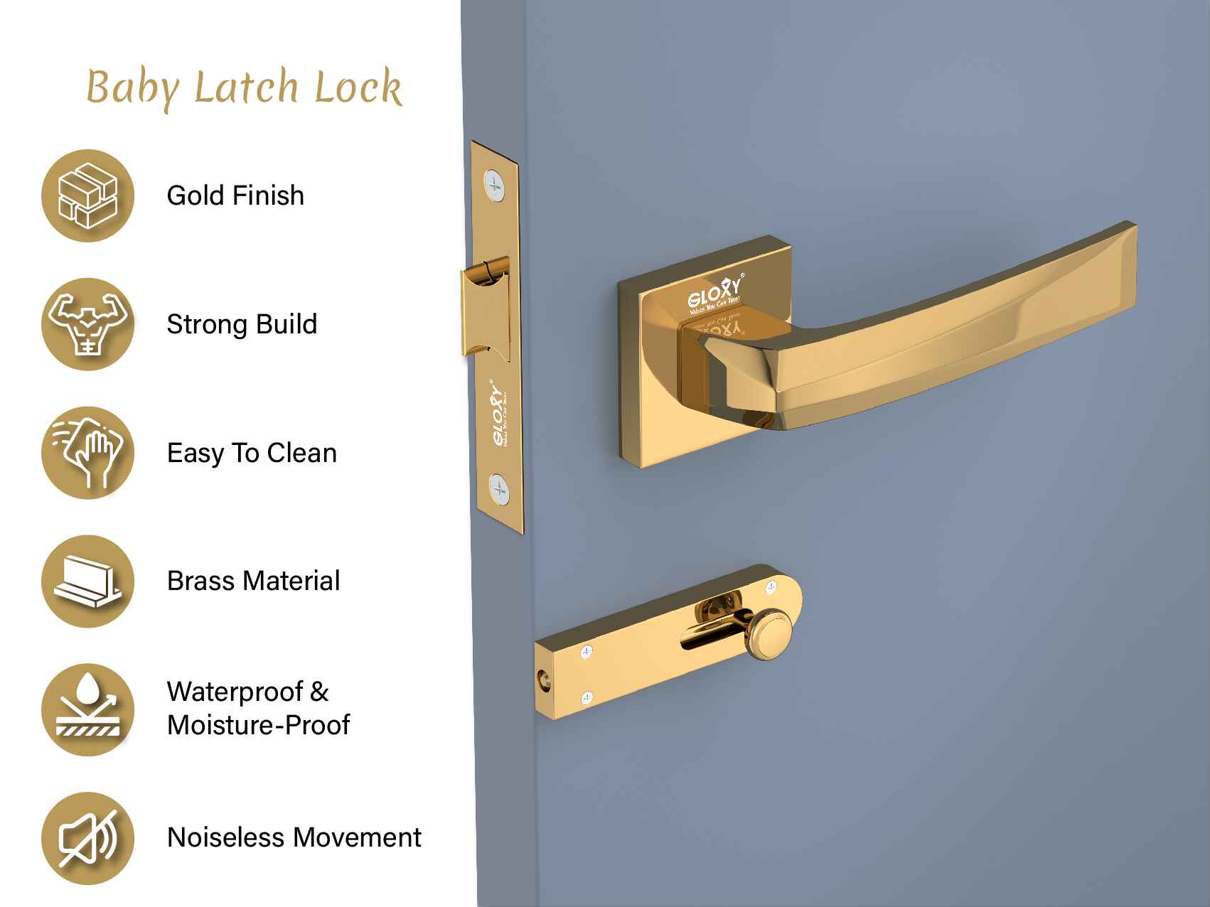 GLOXY Brass Door Lock for Balcony Store Room Door Lock, Mortise Keyless Handle Set with Brass Baby Latch for Home,Office,Hotel | Gold Finish (2 Years Warranty, Pack of 1)