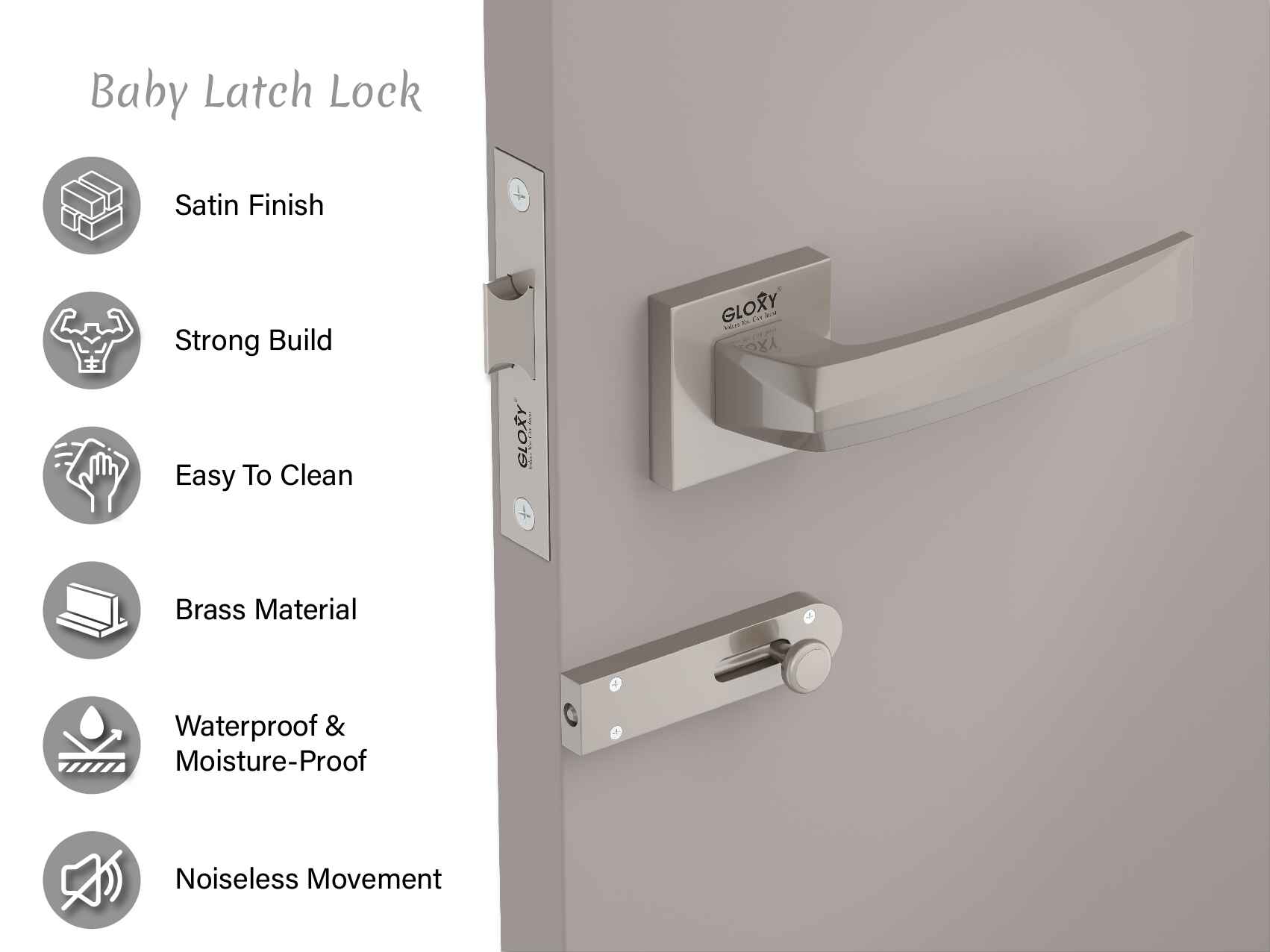 GLOXY Brass Door Lock for Balcony Store Room Door Lock, Mortise Keyless Handle Set with Brass Baby Latch for Home,Office,Hotel | Satin Chrome Finish (2 Years Warranty, Pack of 1)