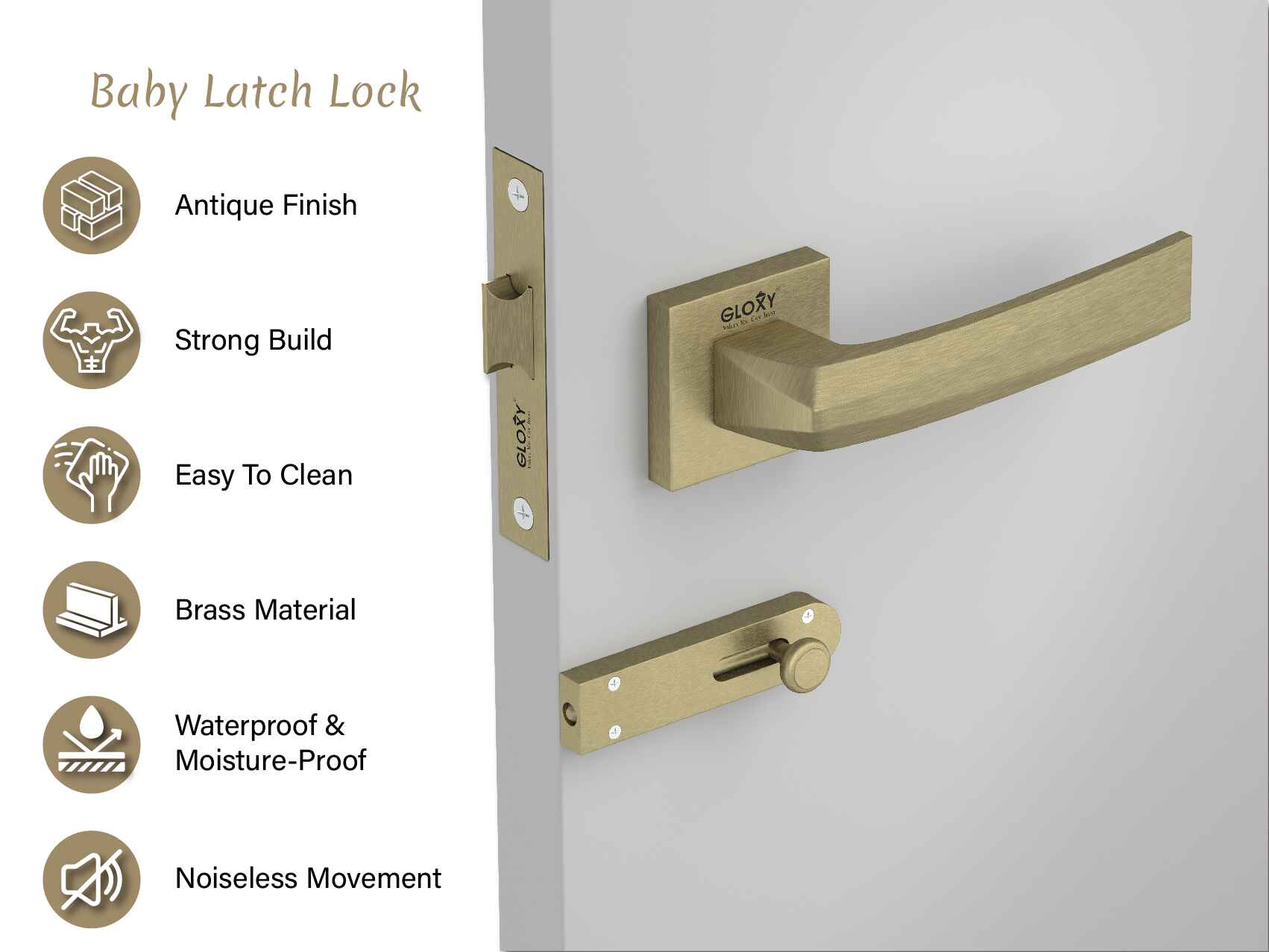 GLOXY Brass Door Lock for Balcony Store Room Door Lock, Mortise Keyless Handle Set with Brass Baby Latch for Home,Office,Hotel | Antique Finish (2 Years Warranty, Pack of 1)