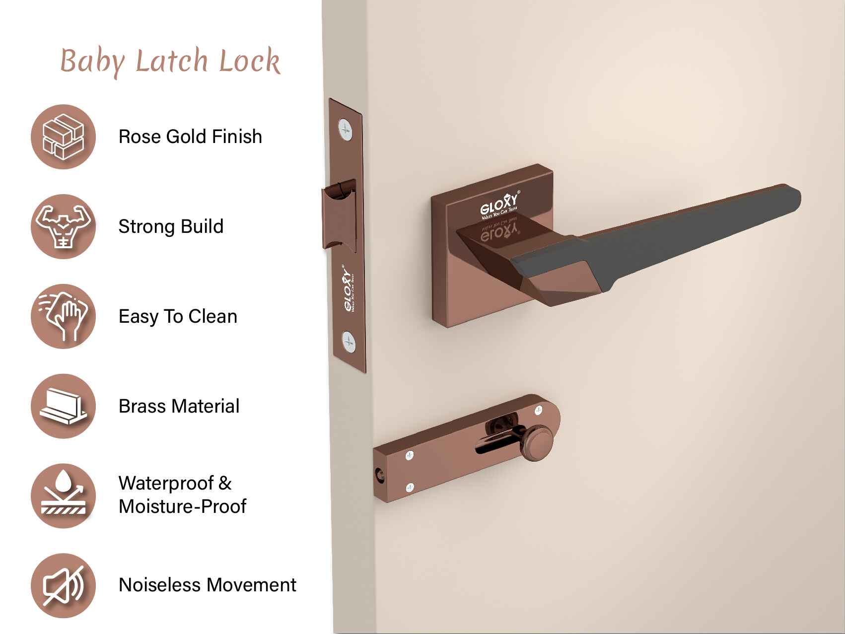 GLOXY Brass Door Lock for Balcony Store Room Door Lock, Mortise Keyless Handle Set with Brass Baby Latch for Home,Office,Hotel |Rose Gold & Black Finish (2 Years Warranty, Pack of 1)