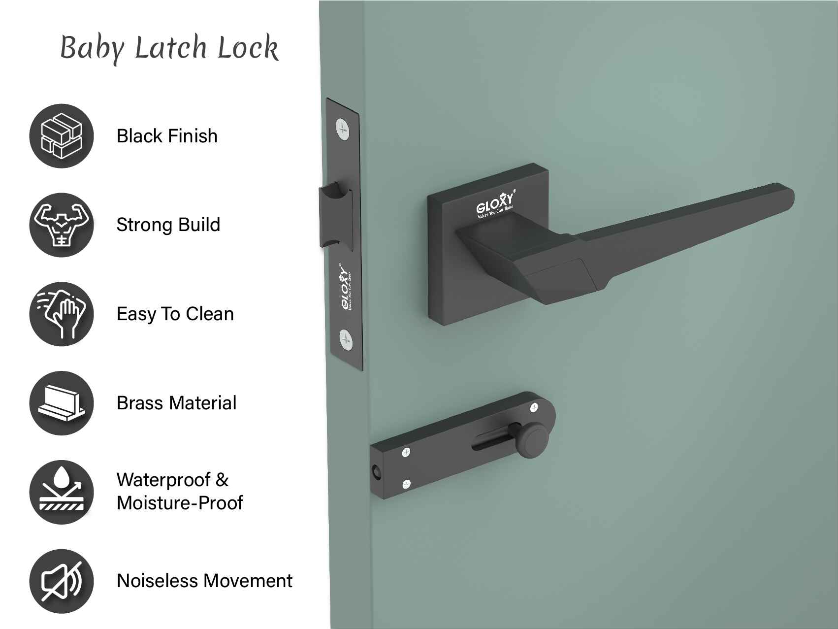 GLOXY Brass Door Lock for Balcony Store Room Door Lock, Mortise Keyless Handle Set with Brass Baby Latch for Home,Office,Hotel | Black Finish (2 Years Warranty, Pack of 1)