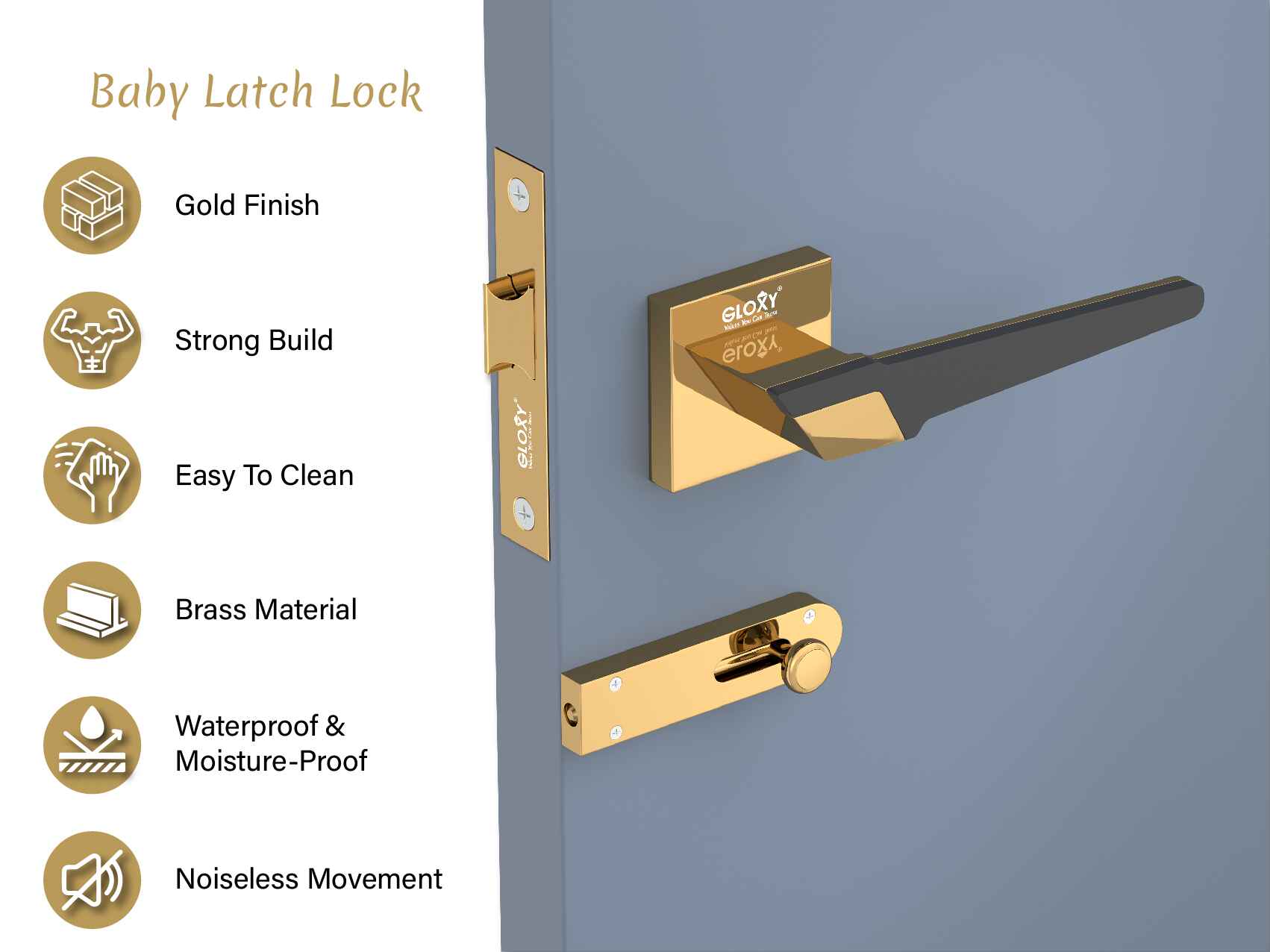 GLOXY Brass Door Lock for Balcony Store Room Door Lock, Mortise Keyless Handle Set with Brass Baby Latch for Home,Office,Hotel | Gold & Black Finish (2 Years Warranty, Pack of 1)