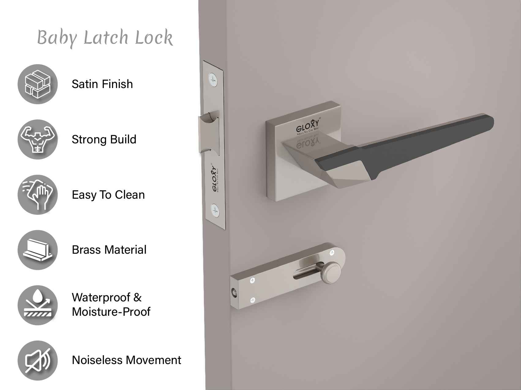 GLOXY Brass Door Lock for Balcony Store Room Door Lock, Mortise Keyless Handle Set with Brass Baby Latch for Home,Office,Hotel | Satin Chrome Finish (2 Years Warranty, Pack of 1)