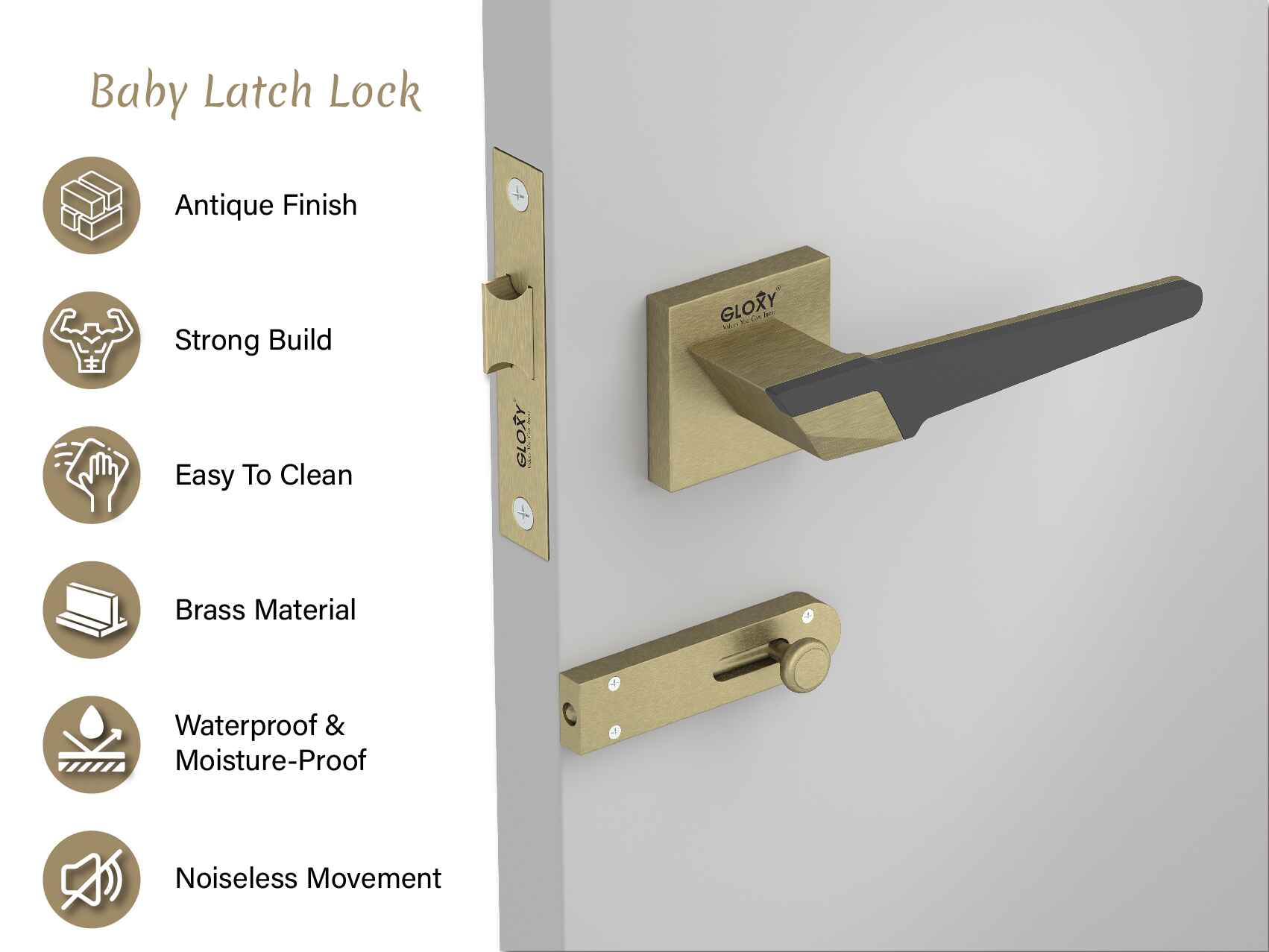 GLOXY Brass Door Lock for Balcony Store Room Door Lock, Mortise Keyless Handle Set with Brass Baby Latch for Home,Office,Hotel | Antique Finish (2 Years Warranty, Pack of 1)