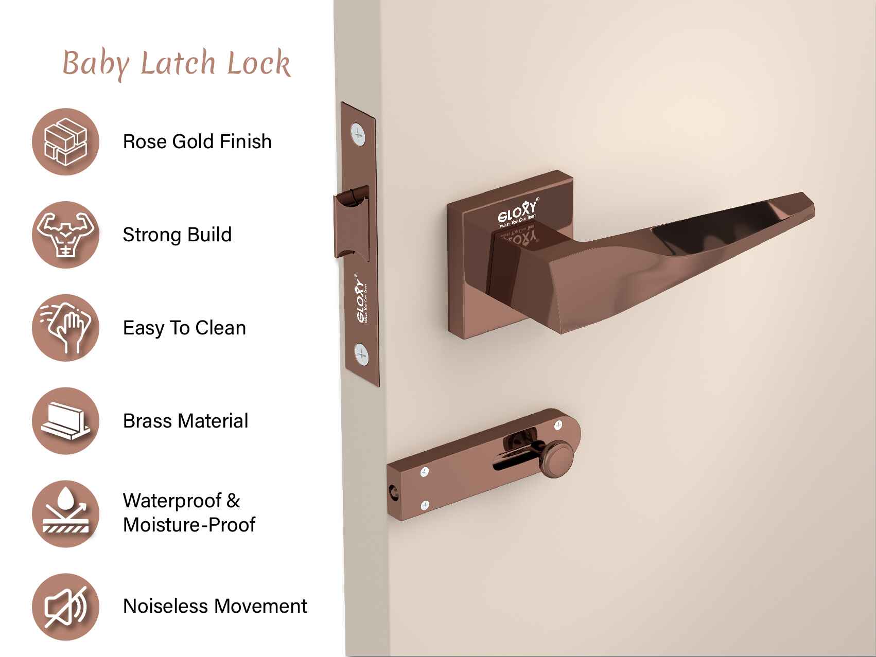 GLOXY Brass Door Lock for Balcony Store Room Door Lock, Mortise Keyless Handle Set with Brass Baby Latch for Home,Office,Hotel |Rose Gold Finish (2 Years Warranty, Pack of 1)