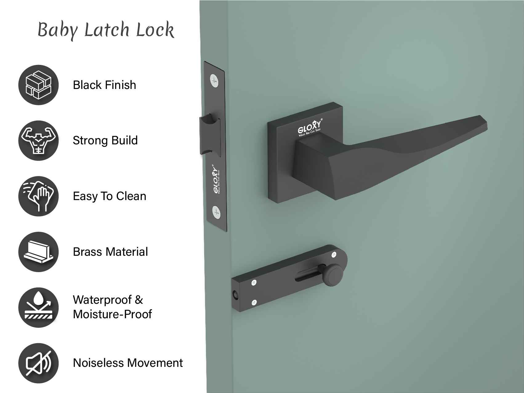 GLOXY Brass Door Lock for Balcony Store Room Door Lock, Mortise Keyless Handle Set with Brass Baby Latch for Home,Office,Hotel | Black Finish (2 Years Warranty, Pack of 1)