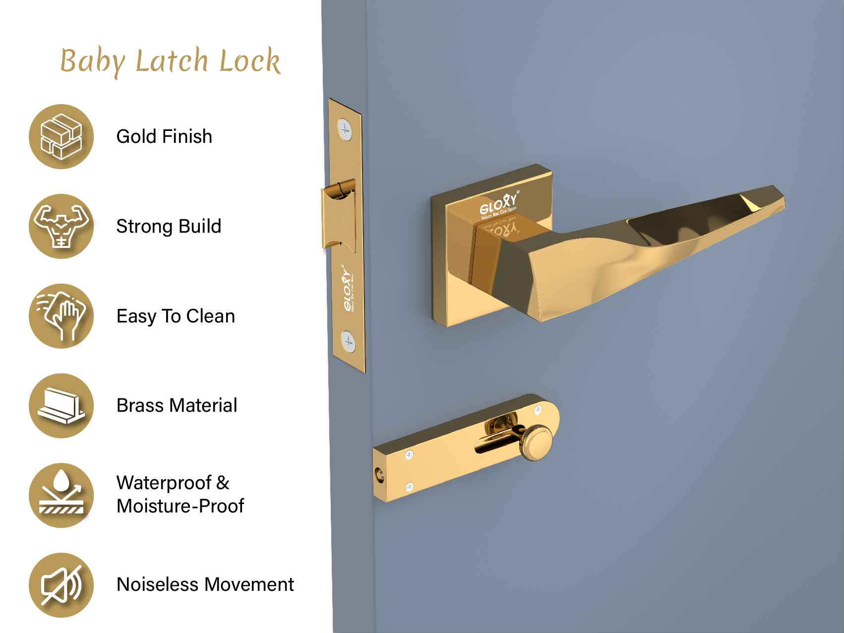 GLOXY Brass Door Lock for Balcony Store Room Door Lock, Mortise Keyless Handle Set with Brass Baby Latch for Home,Office,Hotel | Rose Gold Finish (2 Years Warranty, Pack of 1)