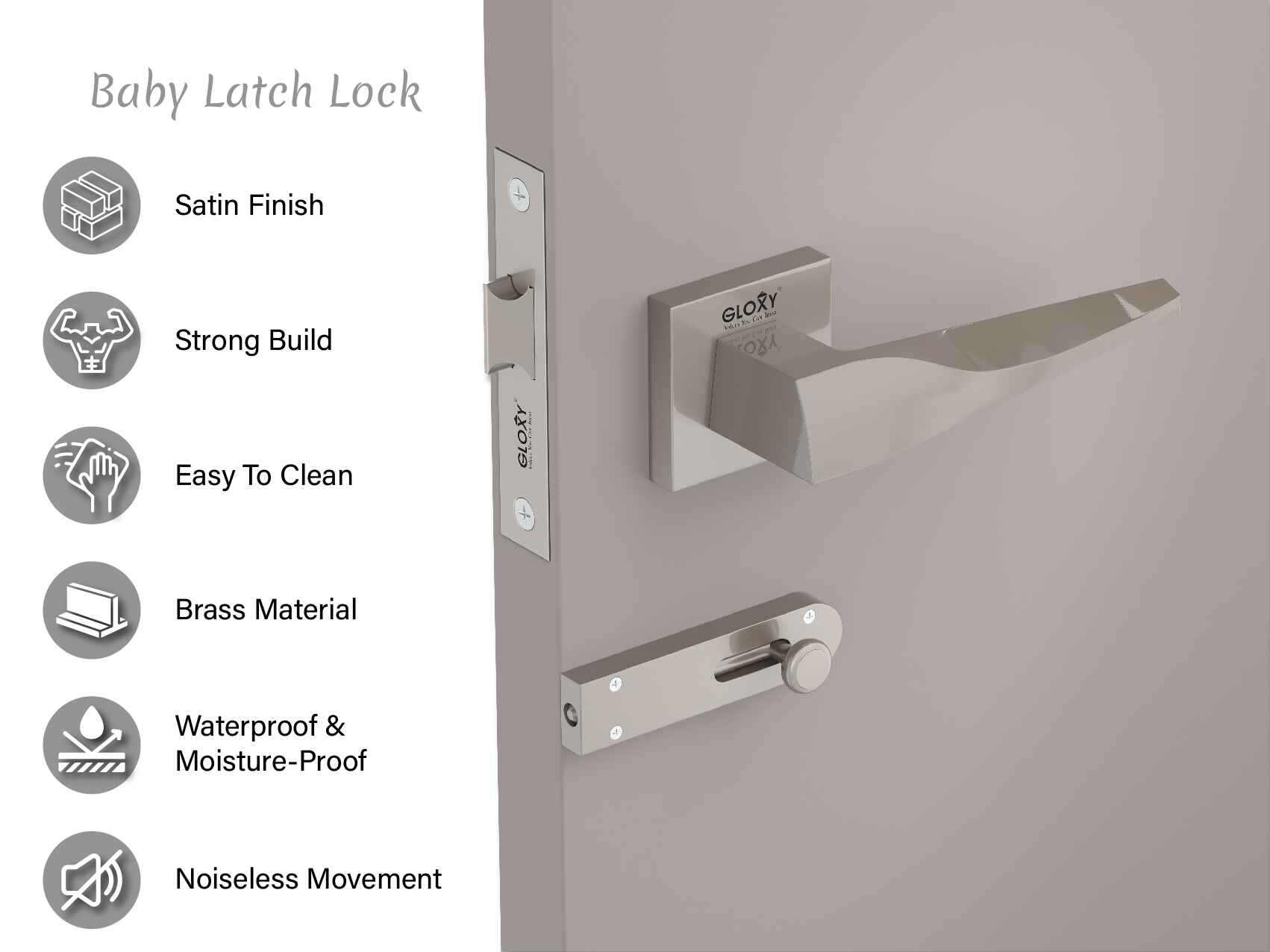 GLOXY Brass Door Lock for Balcony Store Room Door Lock, Mortise Keyless Handle Set with Brass Baby Latch for Home,Office,Hotel | Satin Chrome Finish (2 Years Warranty, Pack of 1)