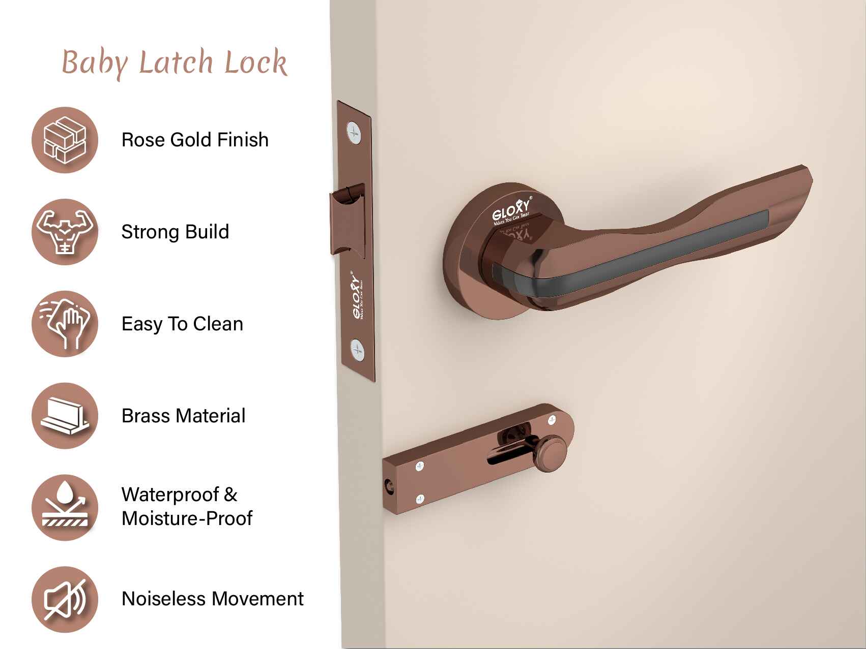 GLOXY Brass Door Lock for Balcony Store Room Door Lock, Mortise Keyless Handle Set with Brass Baby Latch for Home,Office,Hotel | Rose Gold Finish (2 Years Warranty, Pack of 1)