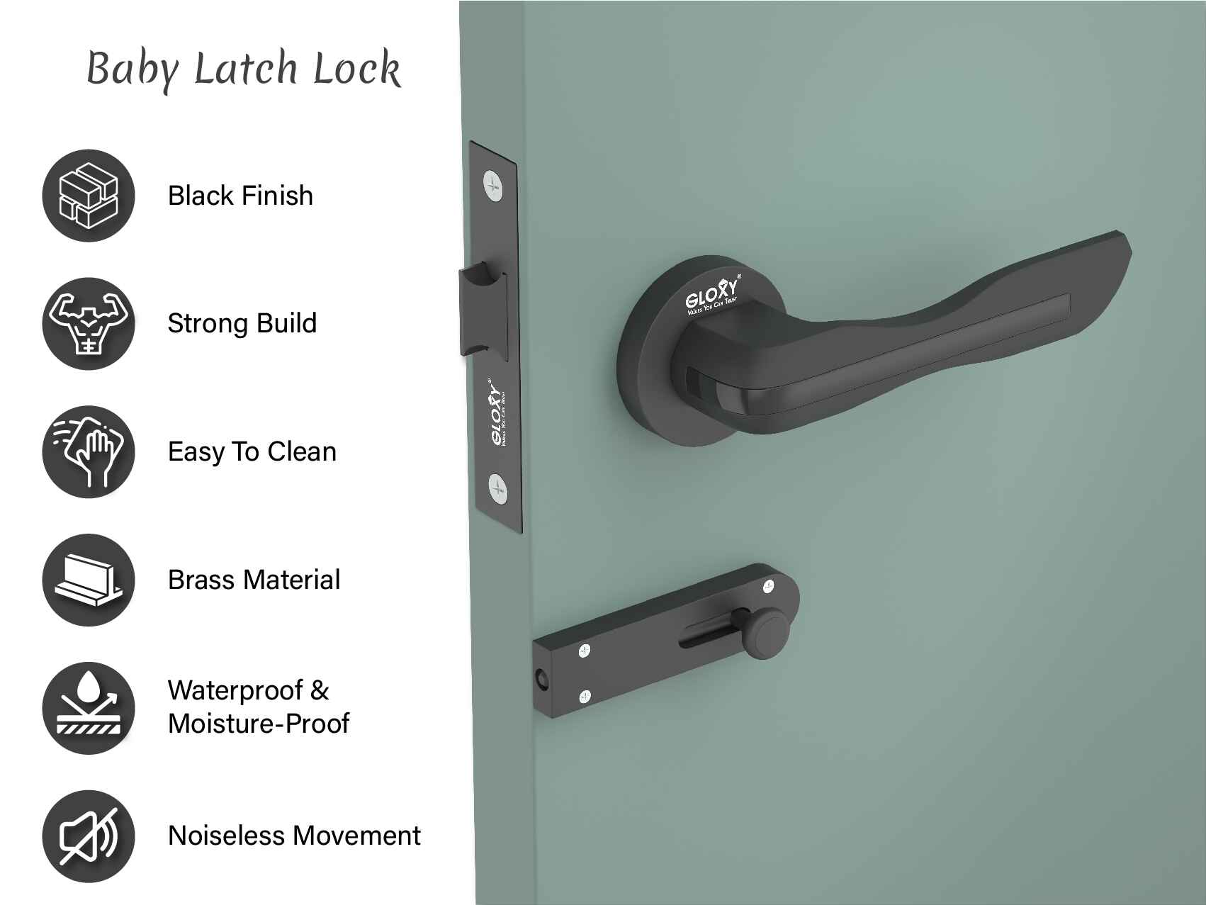 GLOXY Brass Door Lock for Balcony Store Room Door Lock, Mortise Keyless Handle Set with Brass Baby Latch for Home,Office,Hotel | Black Finish (2 Years Warranty, Pack of 1)