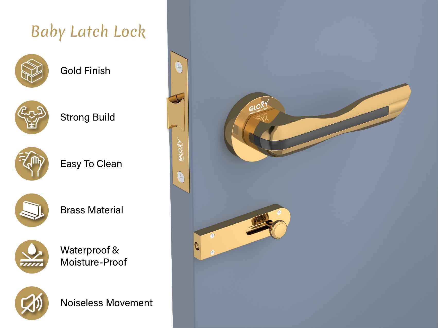 GLOXY Brass Door Lock for Balcony Store Room Door Lock, Mortise Keyless Handle Set with Brass Baby Latch for Home,Office,Hotel | Gold & Black Finish (2 Years Warranty, Pack of 1)