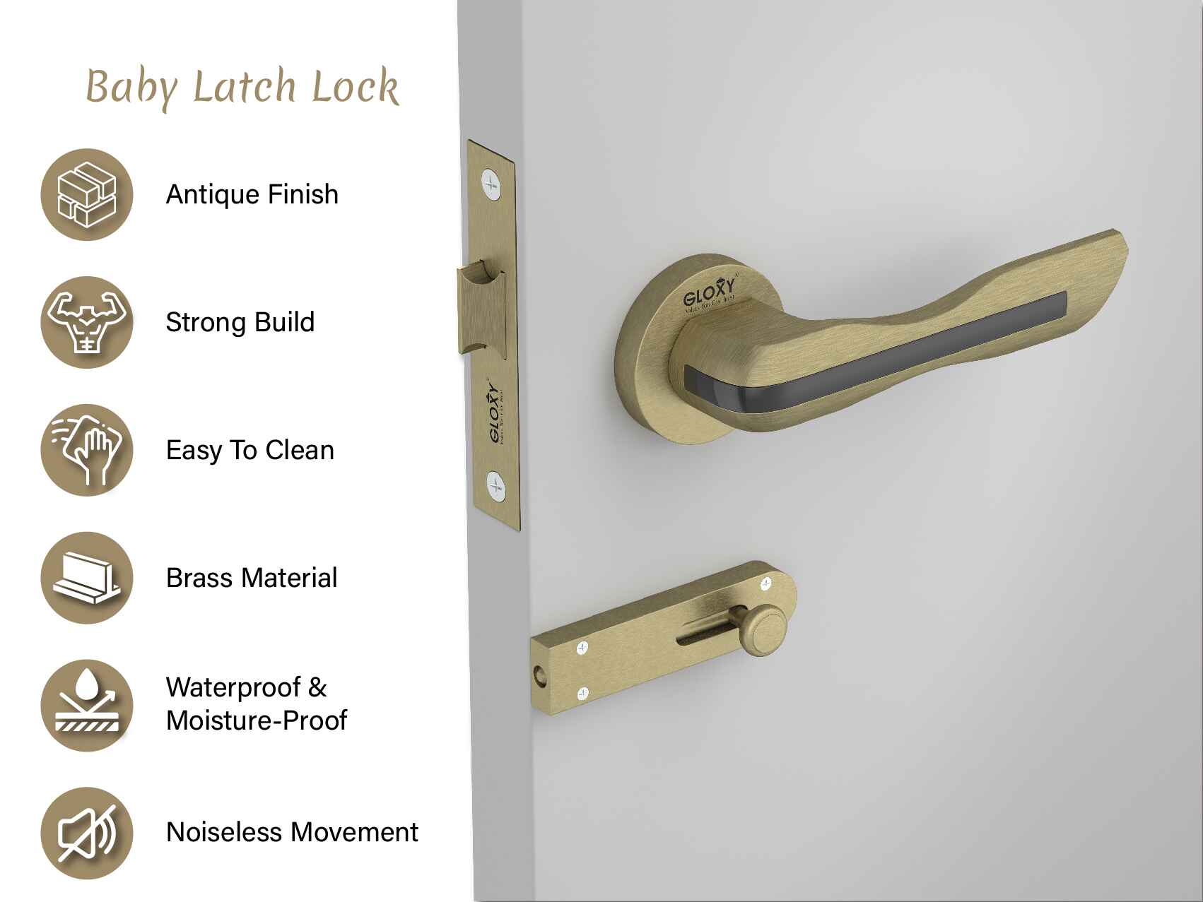 GLOXY Brass Door Lock for Balcony Store Room Door Lock, Mortise Keyless Handle Set with Brass Baby Latch for Home,Office,Hotel | Antique Finish (2 Years Warranty, Pack of 1)