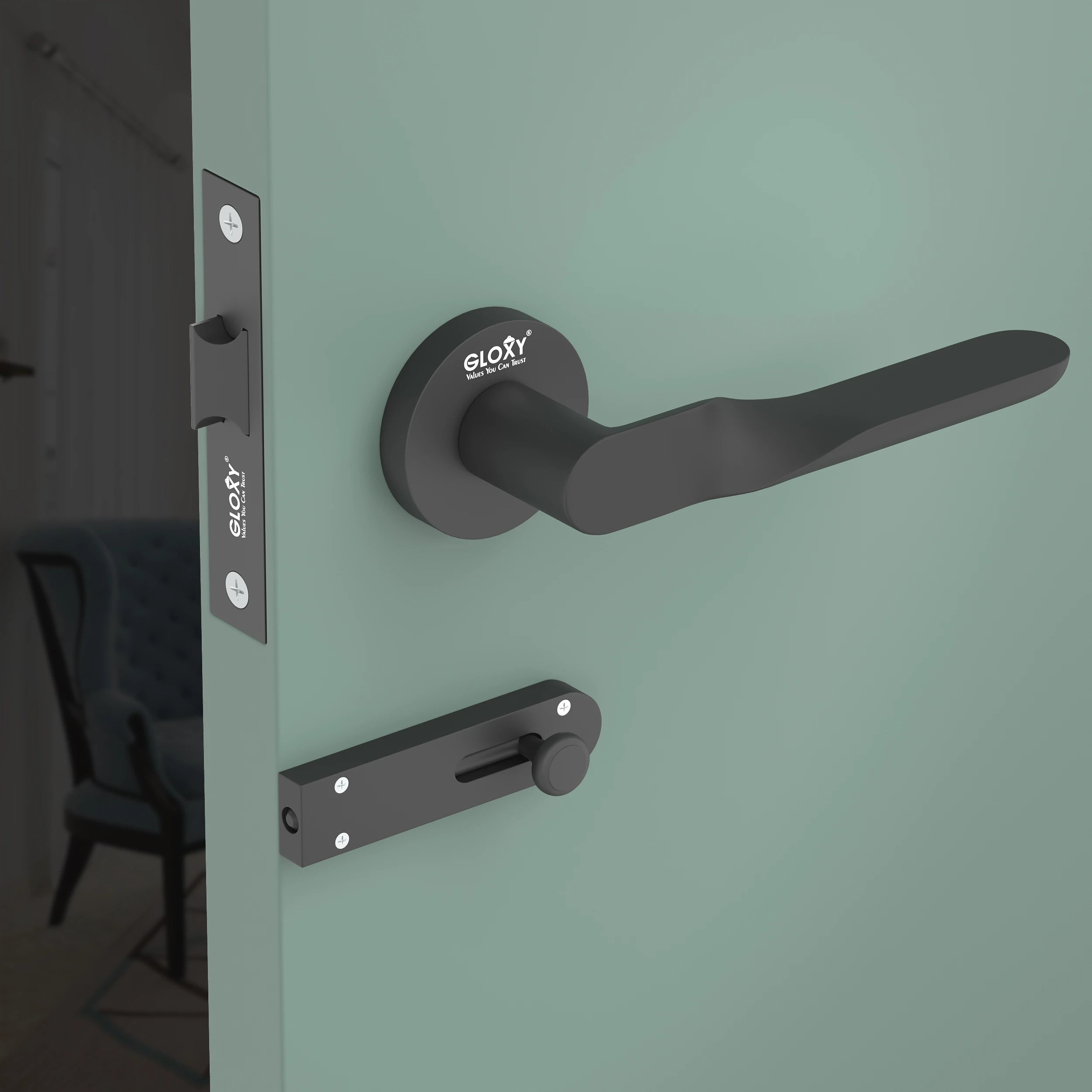 Gloxy Revok Series Black Finish Mortise Bathroom Door Latch Lock With Handle