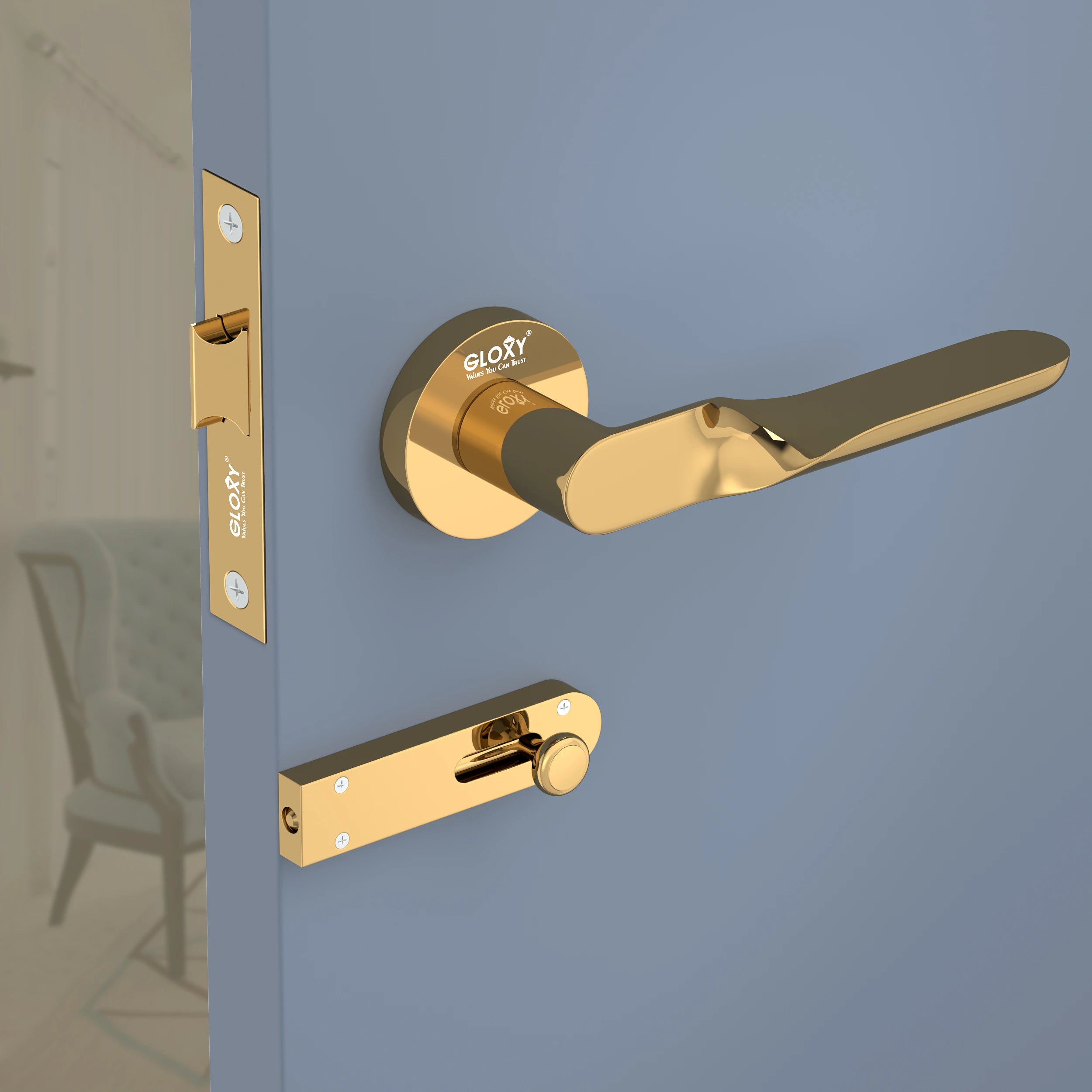 GLOXY Brass Door Lock for Balcony Store Room Door Lock, Mortise Keyless Handle Set with Brass Baby Latch for Home,Office,Hotel | Gold & Black Finish (2 Years Warranty, Pack of 1)