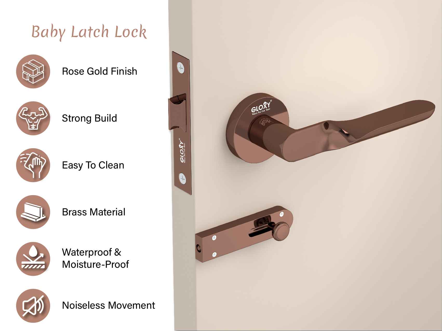 GLOXY Brass Door Lock for Balcony Store Room Door Lock, Mortise Keyless Handle Set with Brass Baby Latch for Home,Office,Hotel | Rose Gold Finish (2 Years Warranty, Pack of 1)