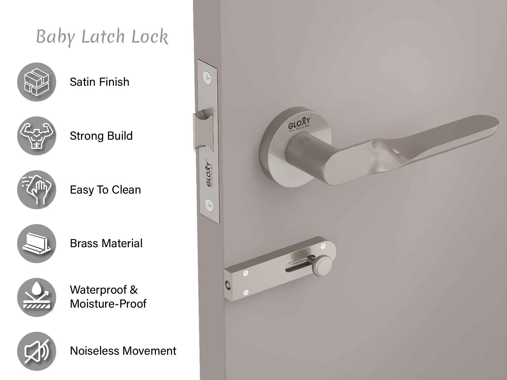 GLOXY Brass Door Lock for Balcony Store Room Door Lock, Mortise Keyless Handle Set with Brass Baby Latch for Home,Office,Hotel | Satin Finish (2 Years Warranty, Pack of 1)