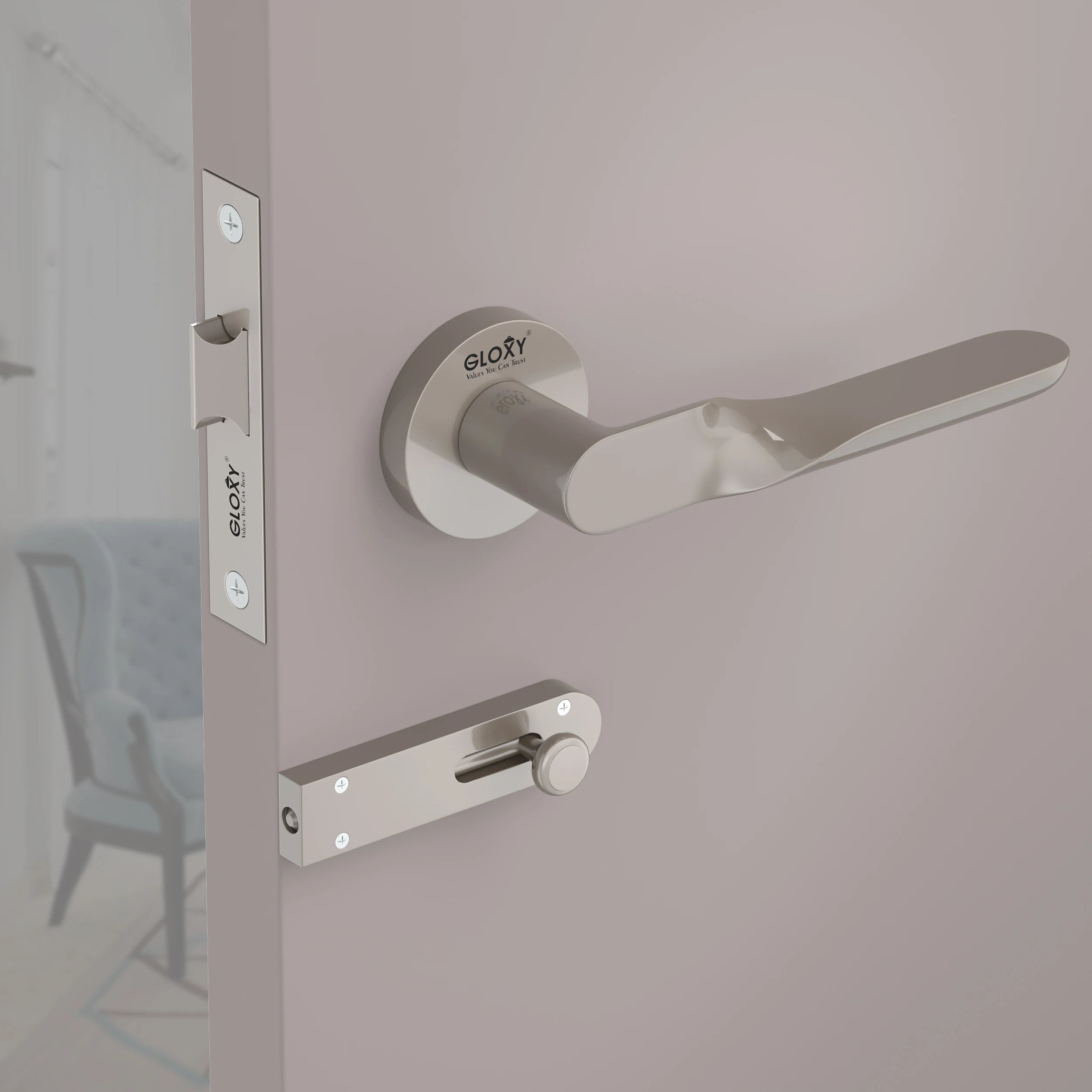 Gloxy Revok Series Satin Chrome Finish Mortise Bathroom Door Latch Lock With Handle