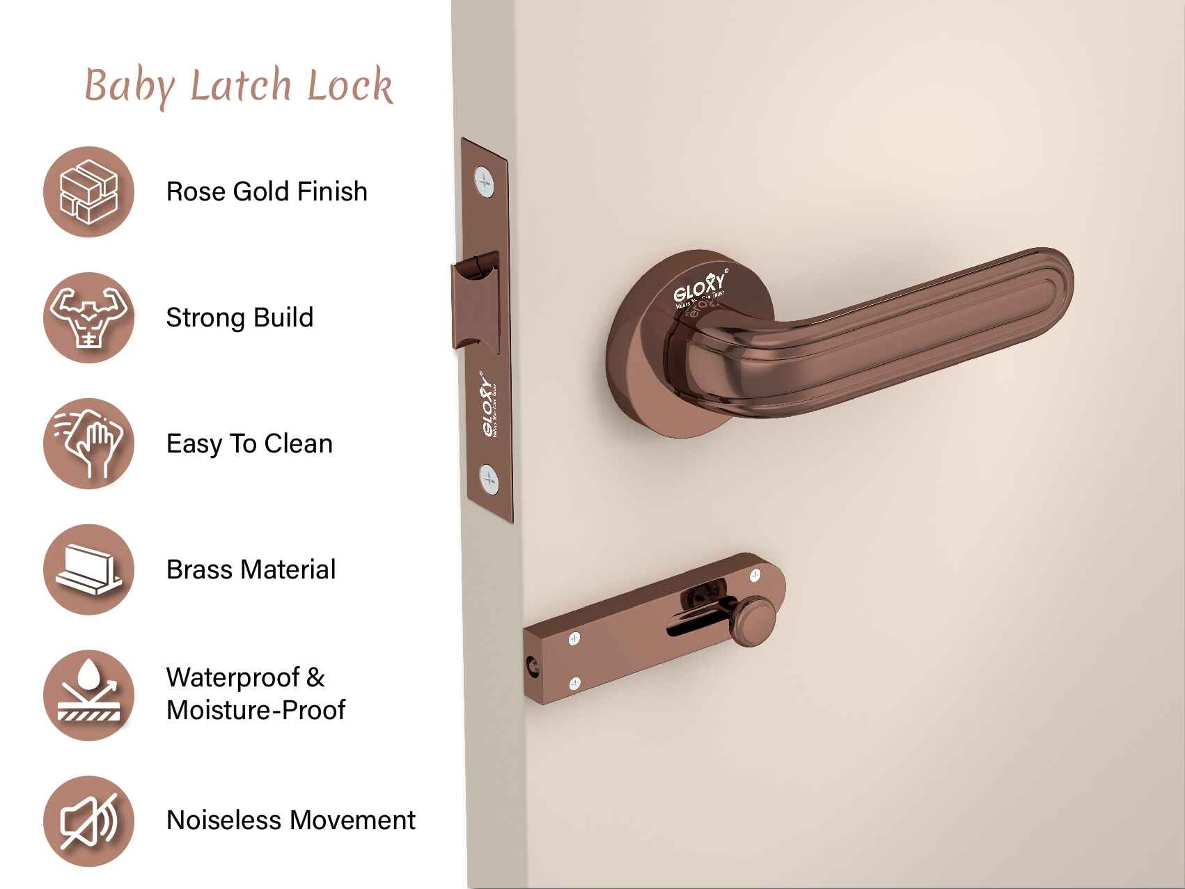 GLOXY Brass Door Lock for Balcony Store Room Door Lock, Mortise Keyless Handle Set with Brass Baby Latch for Home,Office,Hotel | Rose Gold Finish (2 Years Warranty, Pack of 1)