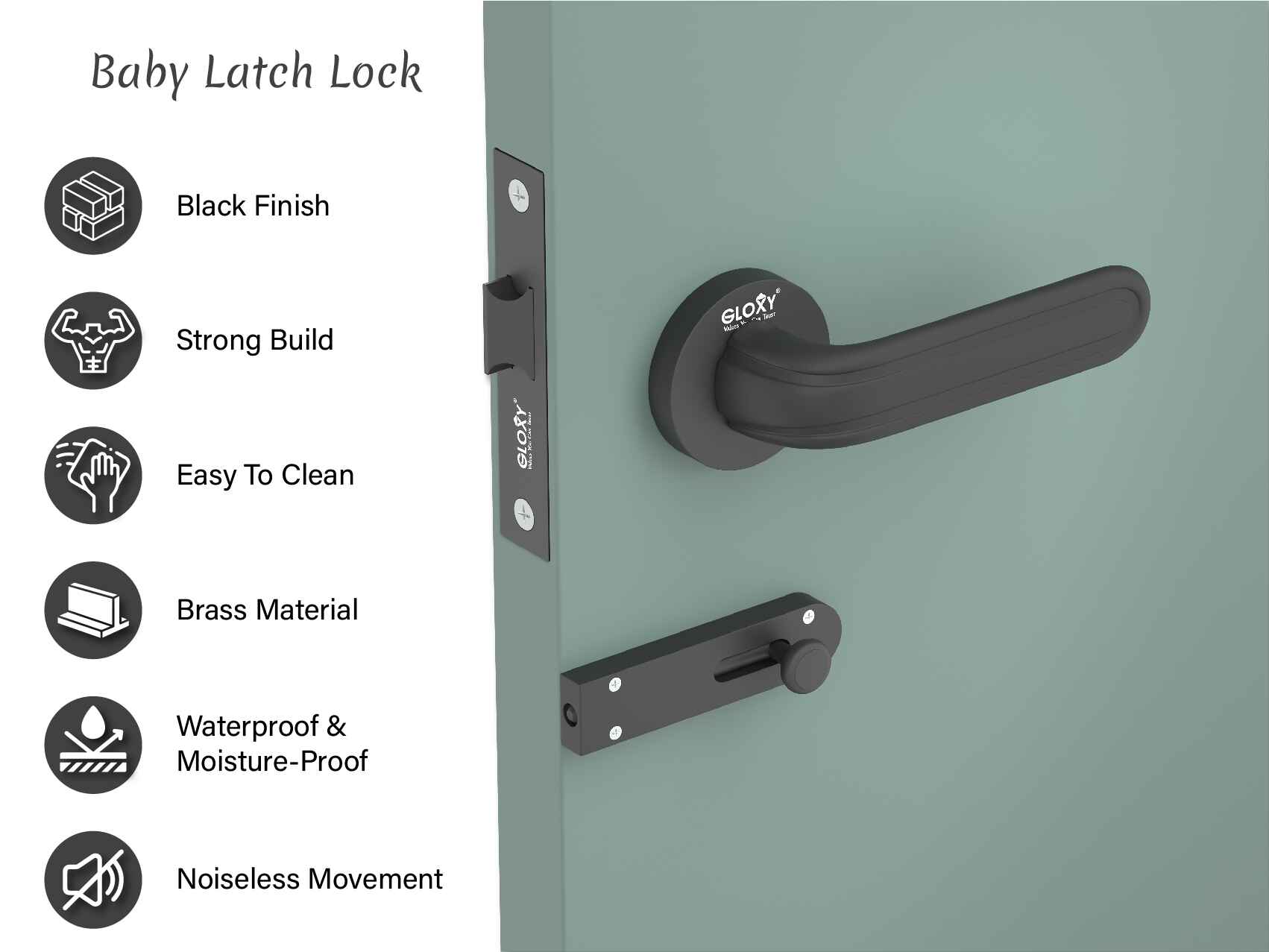 GLOXY Brass Door Lock for Balcony Store Room Door Lock, Mortise Keyless Handle Set with Brass Baby Latch for Home,Office,Hotel | Black Finish (2 Years Warranty, Pack of 1)