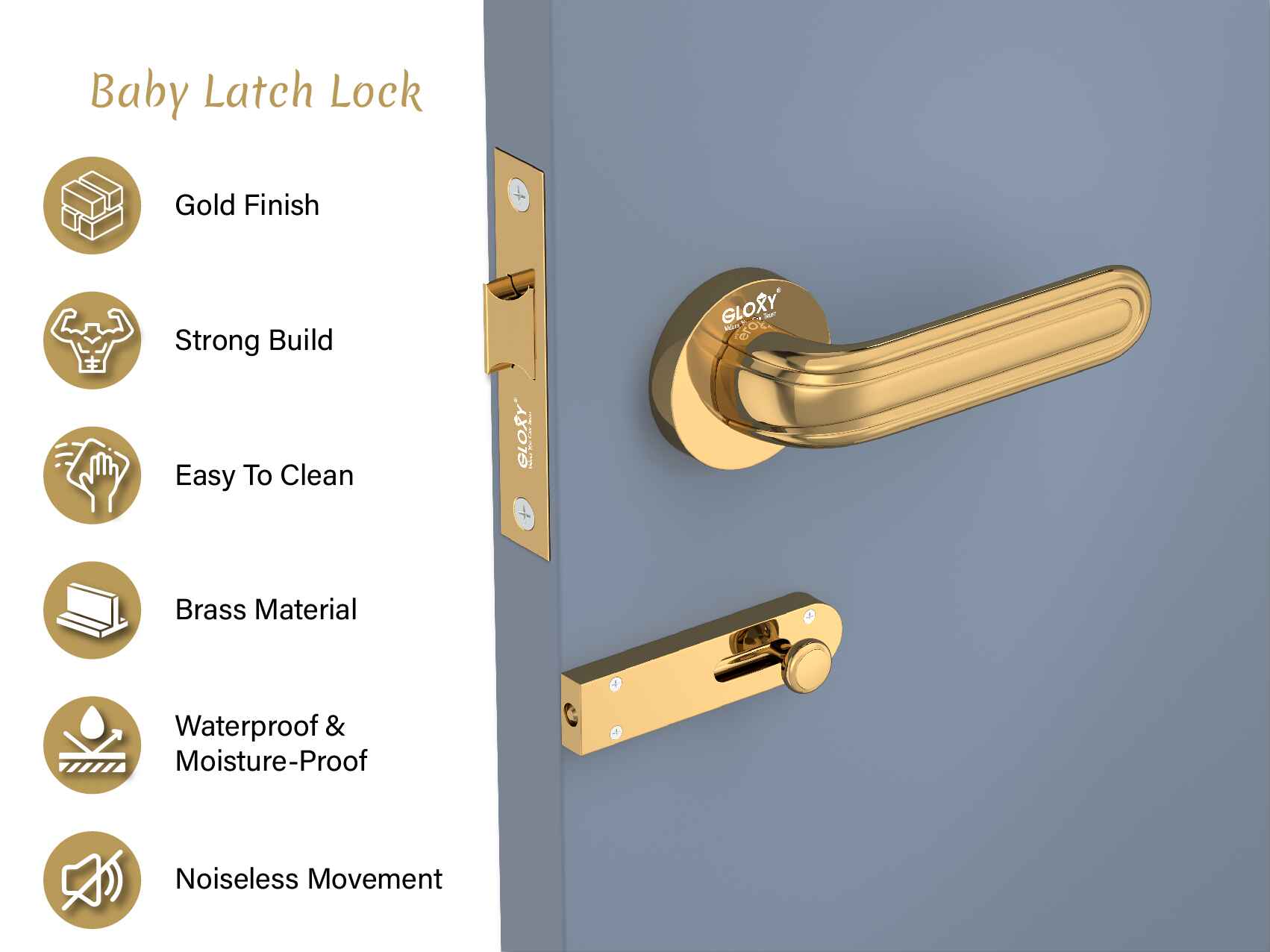 GLOXY Brass Door Lock for Balcony Store Room Door Lock, Mortise Keyless Handle Set with Brass Baby Latch for Home,Office,Hotel | Gold Finish (2 Years Warranty, Pack of 1)