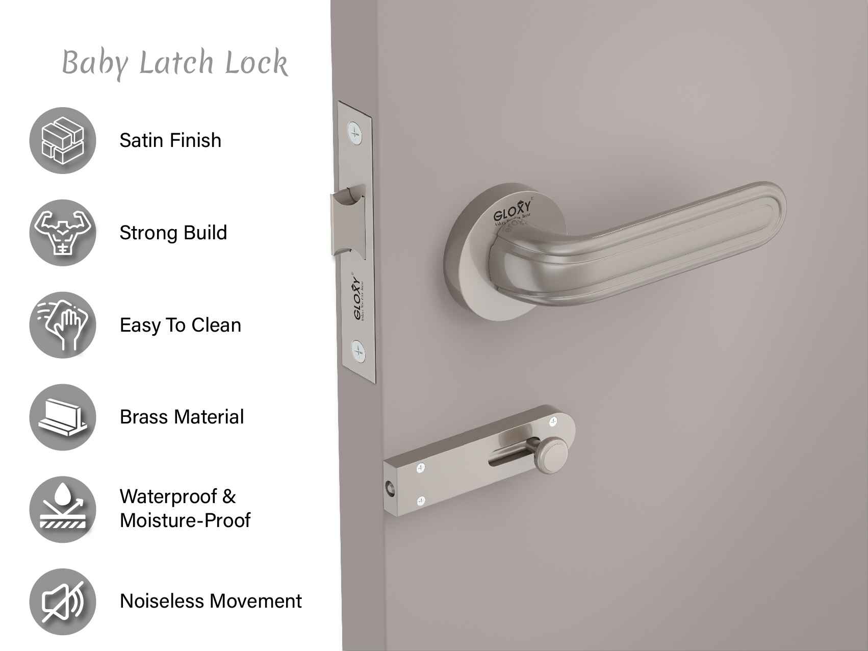 GLOXY Brass Door Lock for Balcony Store Room Door Lock, Mortise Keyless Handle Set with Brass Baby Latch for Home,Office,Hotel | Satin Finish (2 Years Warranty, Pack of 1)