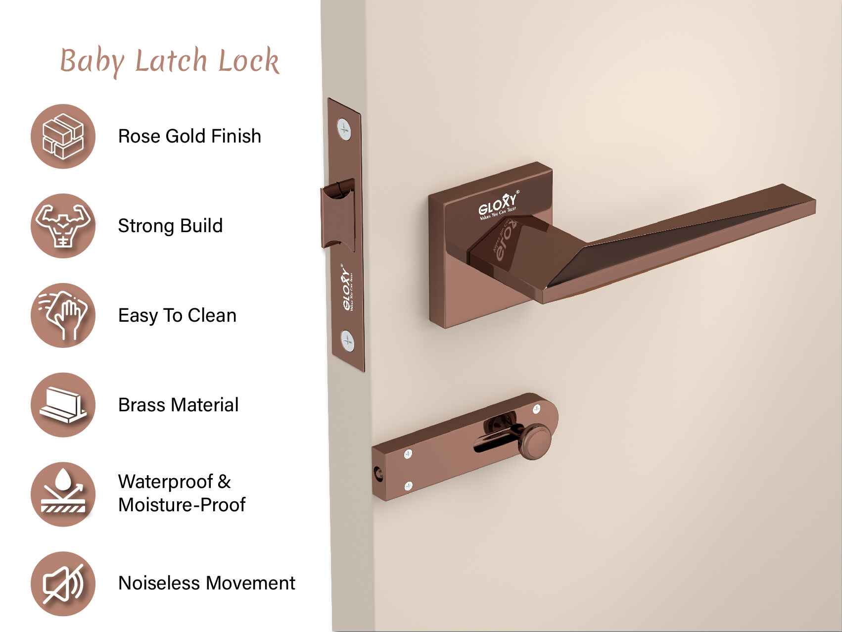 GLOXY Brass Door Lock for Balcony Store Room Door Lock, Mortise Keyless Handle Set with Brass Baby Latch for Home,Office,Hotel | Rose Gold  Finish (2 Years Warranty, Pack of 1)