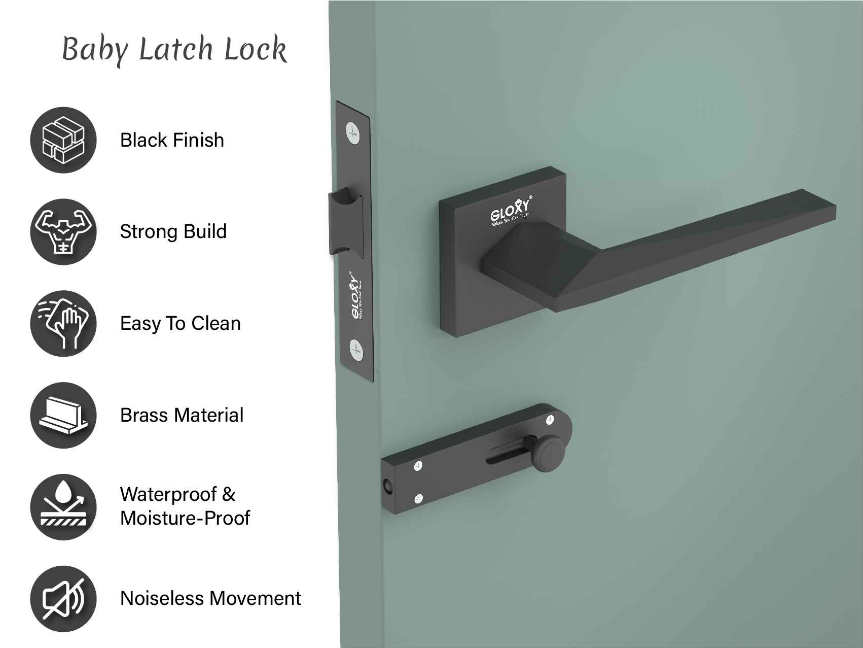 GLOXY Brass Door Lock for Balcony Store Room Door Lock, Mortise Keyless Handle Set with Brass Baby Latch for Home,Office,Hotel | Black Finish (2 Years Warranty, Pack of 1)