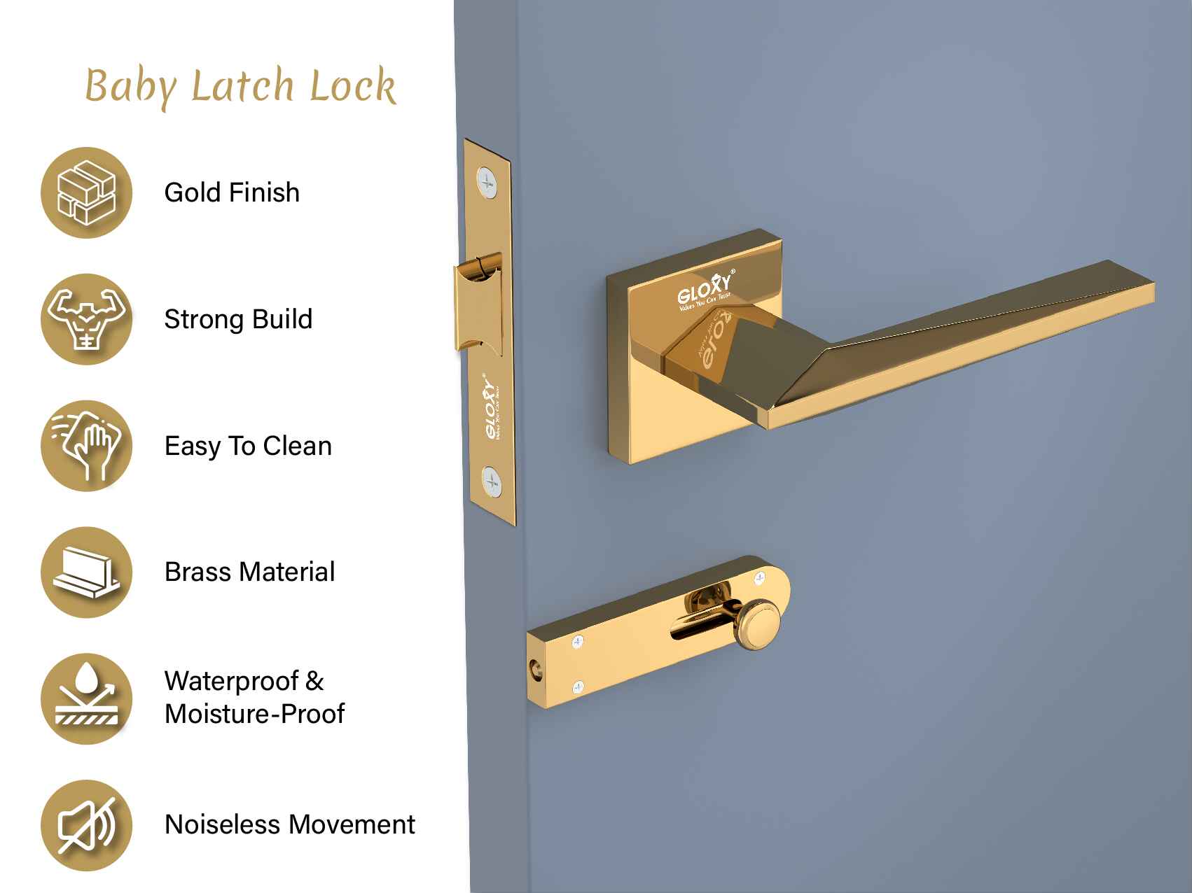 GLOXY Brass Door Lock for Balcony Store Room Door Lock, Mortise Keyless Handle Set with Brass Baby Latch for Home,Office,Hotel | Gold Finish (2 Years Warranty, Pack of 1)