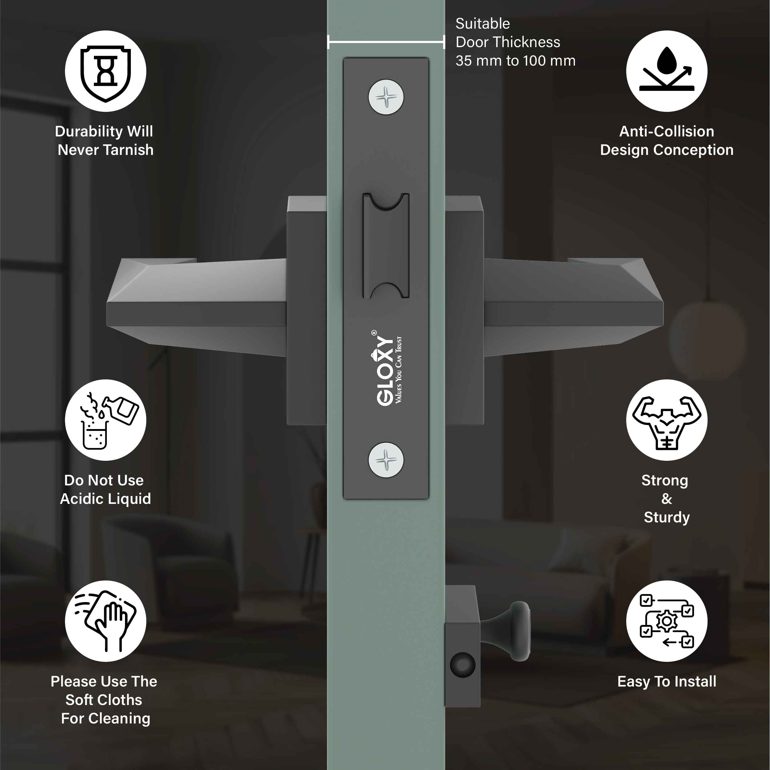 GLOXY Brass Door Lock for Balcony Store Room Door Lock, Mortise Keyless Handle Set with Brass Baby Latch for Home,Office,Hotel | Black Finish (2 Years Warranty, Pack of 1)