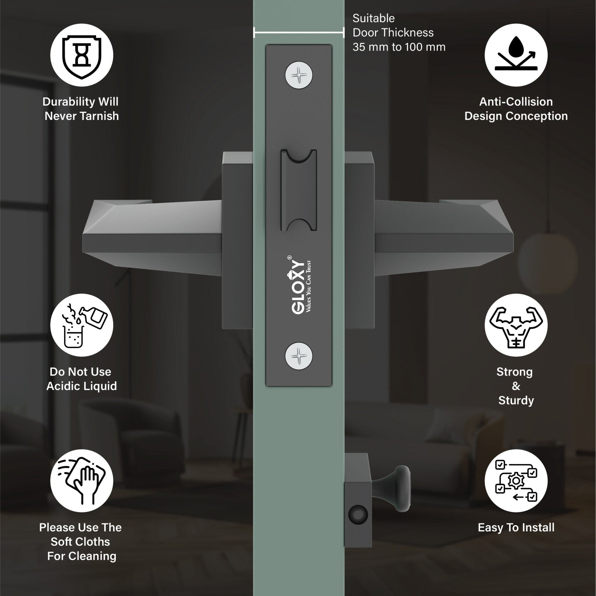 Gloxy Ralor Series Black Finish Mortise Bathroom Door Latch Lock With Handle