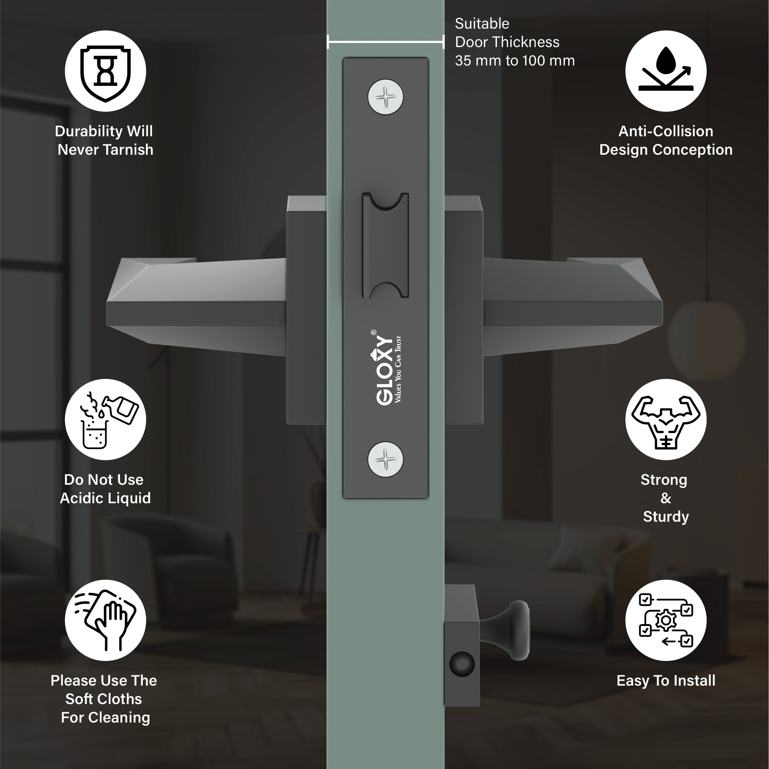 Gloxy Ralor Series Black Finish Mortise Bathroom Door Latch Lock With Handle