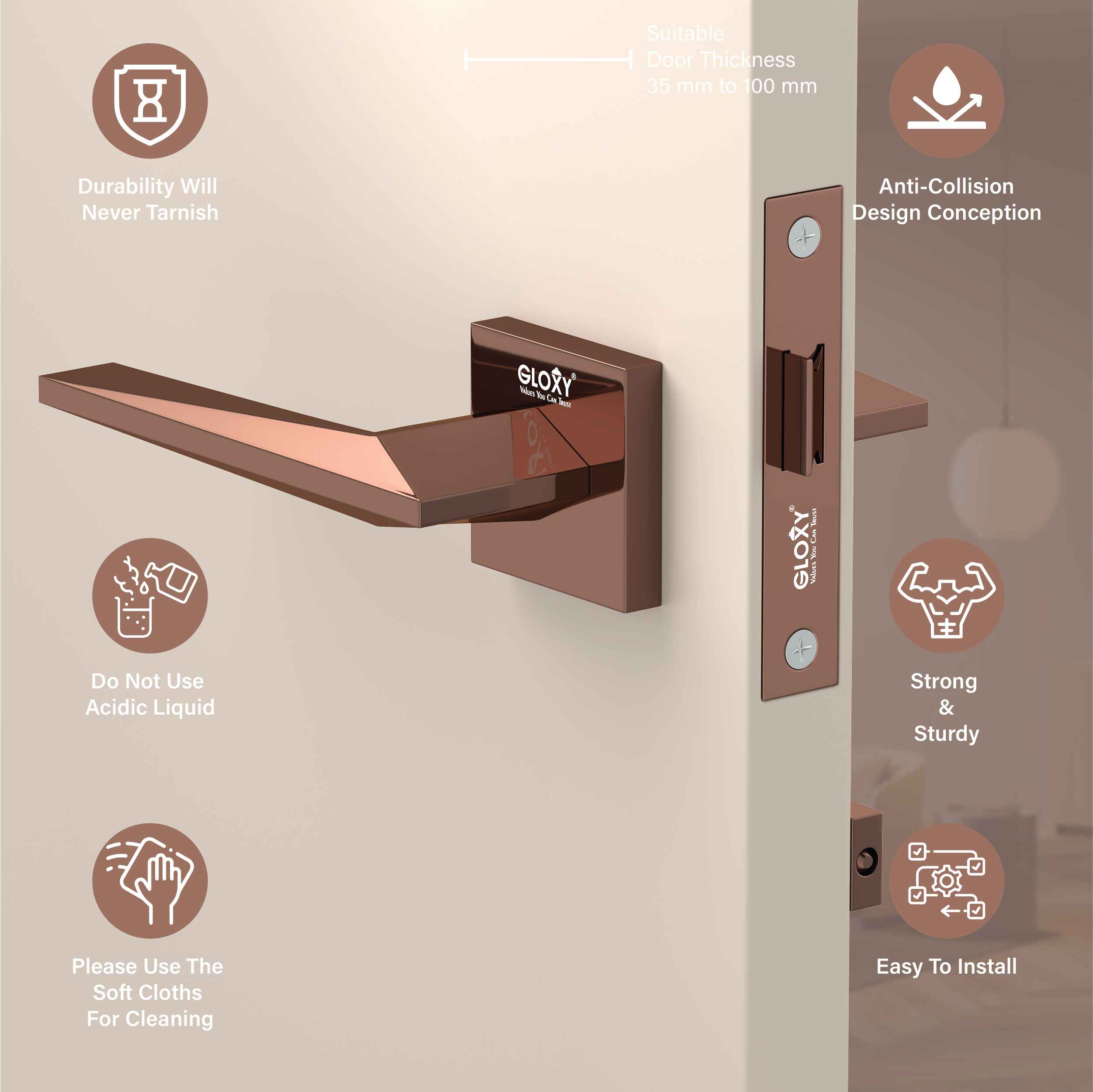 GLOXY Brass Door Lock for Balcony Store Room Door Lock, Mortise Keyless Handle Set with Brass Baby Latch for Home,Office,Hotel | Rose Gold  Finish (2 Years Warranty, Pack of 1)