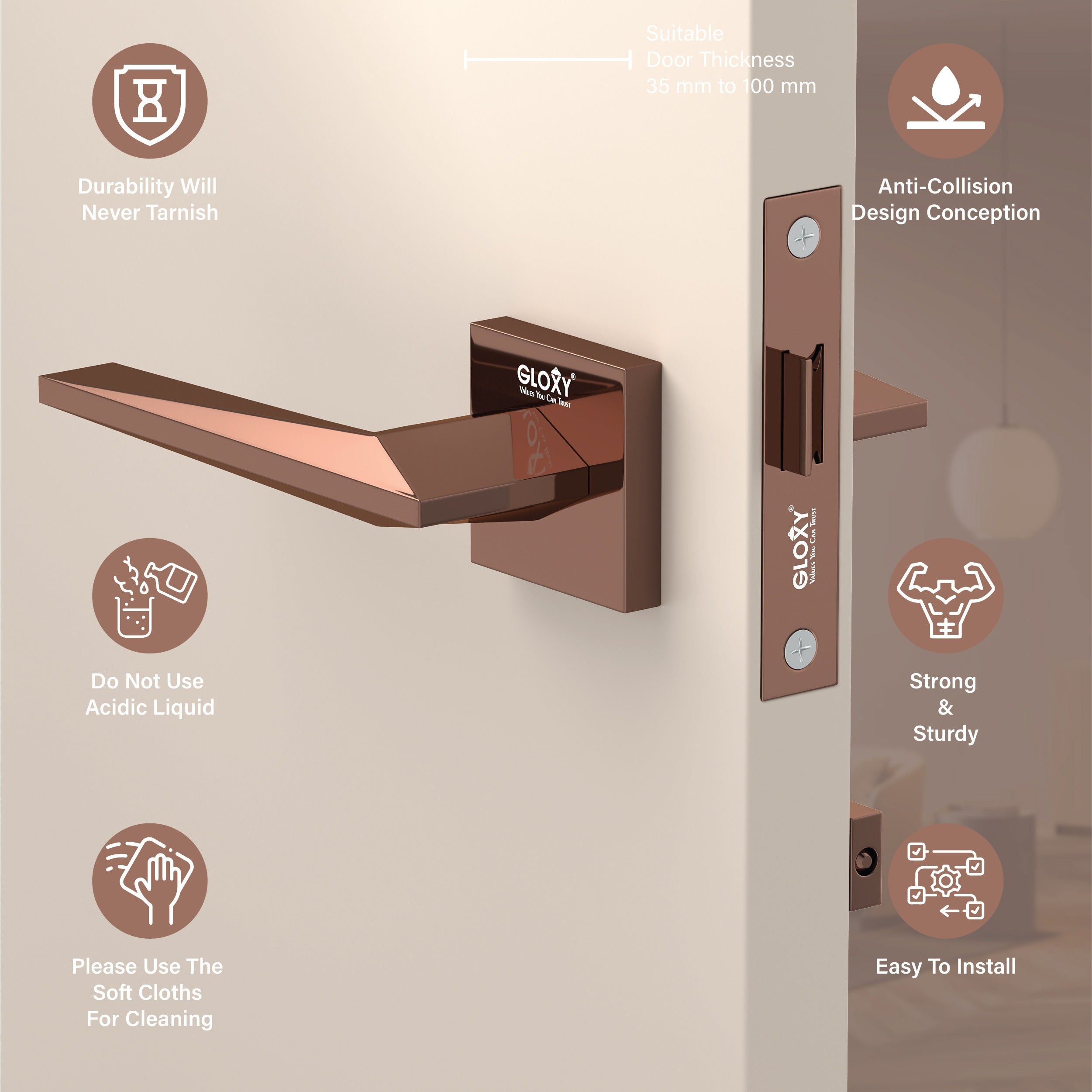 Gloxy Ralor Series Rose Gold Finish Mortise Bathroom Door Latch Lock With Handle