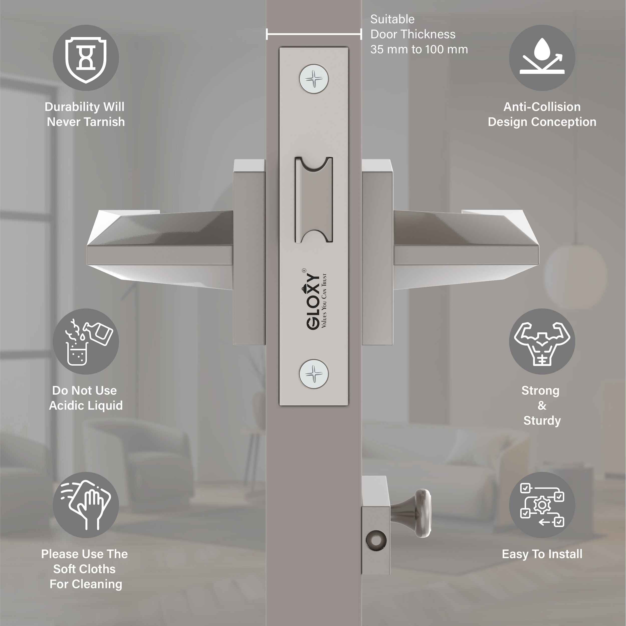 GLOXY Brass Door Lock for Balcony Store Room Door Lock, Mortise Keyless Handle Set with Brass Baby Latch for Home,Office,Hotel | Satin Chrome Finish (2 Years Warranty, Pack of 1)