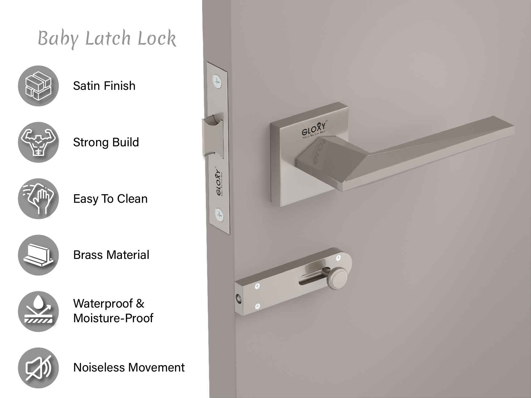 GLOXY Brass Door Lock for Balcony Store Room Door Lock, Mortise Keyless Handle Set with Brass Baby Latch for Home,Office,Hotel | Satin Chrome Finish (2 Years Warranty, Pack of 1)