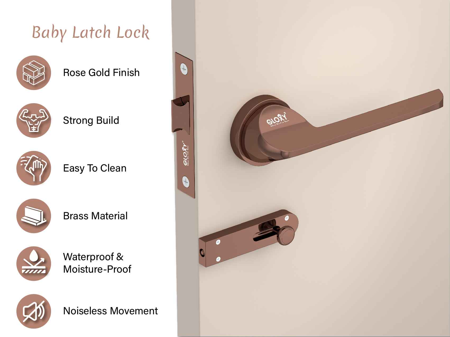 GLOXY Brass Door Lock for Balcony Store Room Door Lock, Mortise Keyless Handle Set with Brass Baby Latch for Home,Office,Hotel | Rose Gold  Finish (2 Years Warranty, Pack of 1)