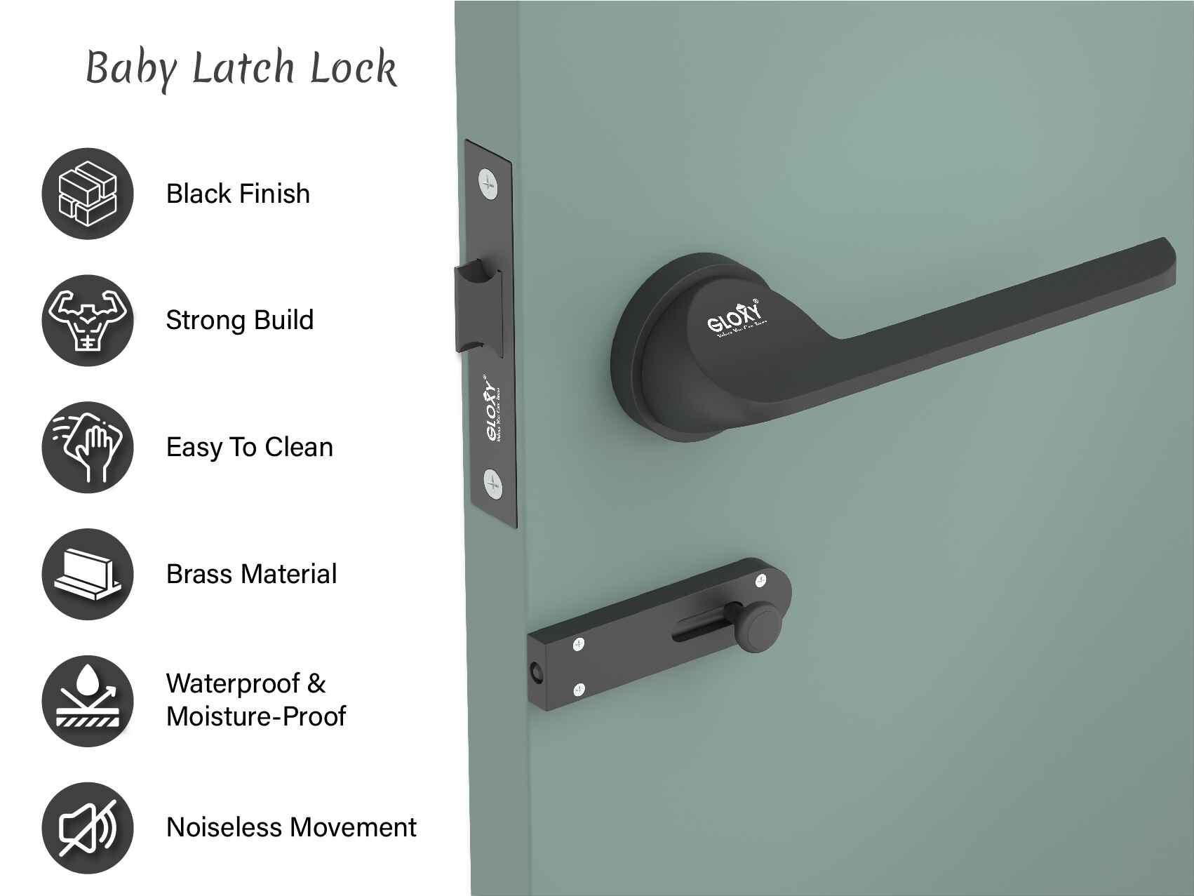 GLOXY Brass Door Lock for Balcony Store Room Door Lock, Mortise Keyless Handle Set with Brass Baby Latch for Home,Office,Hotel | Black Finish (2 Years Warranty, Pack of 1)