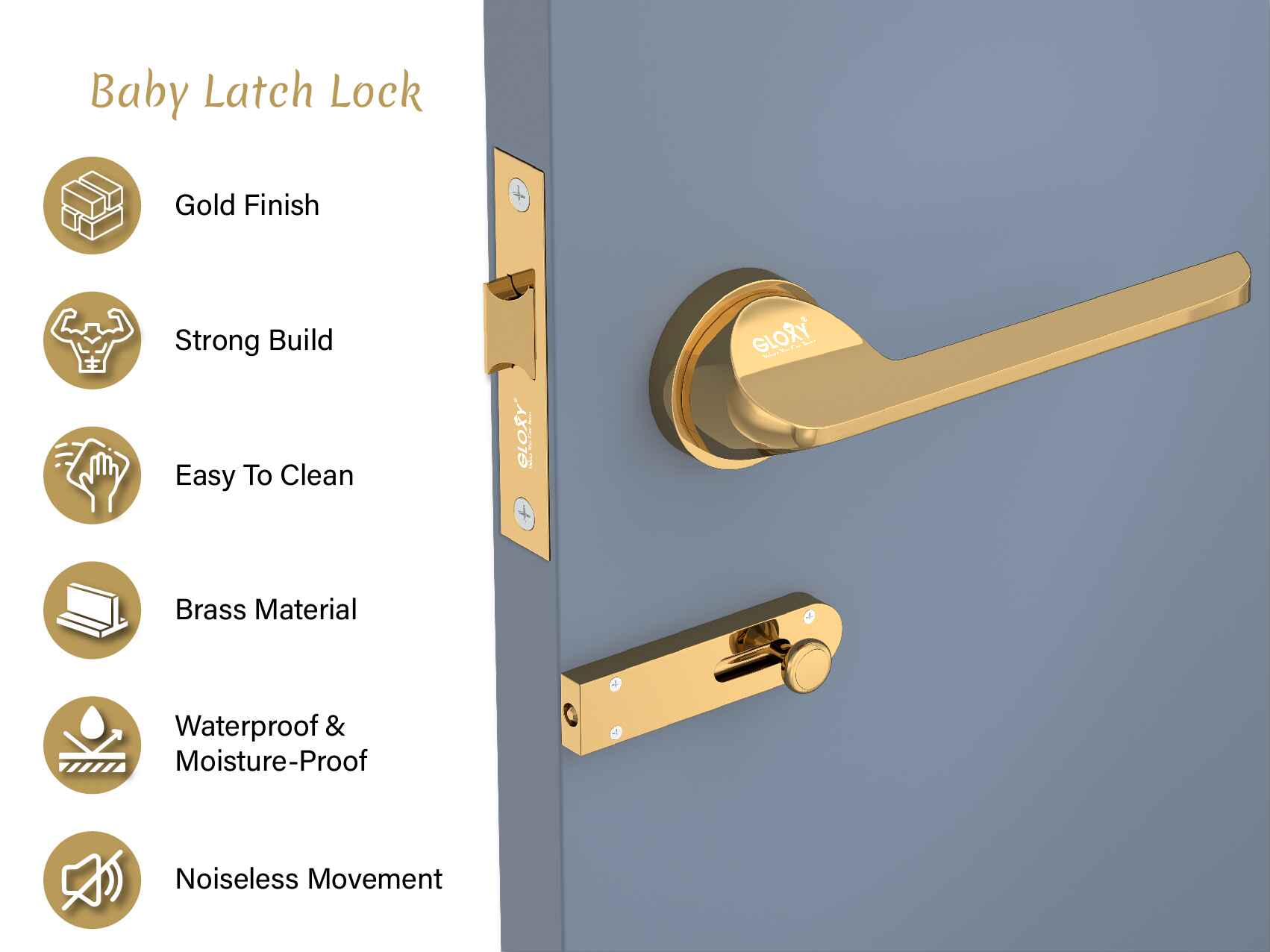 GLOXY Brass Door Lock for Balcony Store Room Door Lock, Mortise Keyless Handle Set with Brass Baby Latch for Home,Office,Hotel | Gold Finish (2 Years Warranty, Pack of 1)